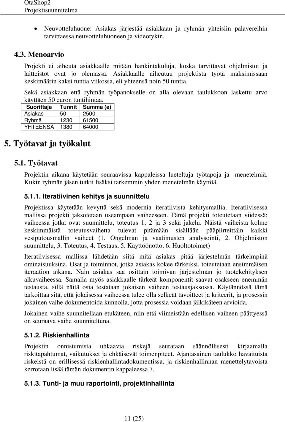 Asiakkaalle aiheutuu projektista työtä maksimissaan keskimäärin kaksi tuntia viikossa, eli yhteensä noin 50 tuntia.