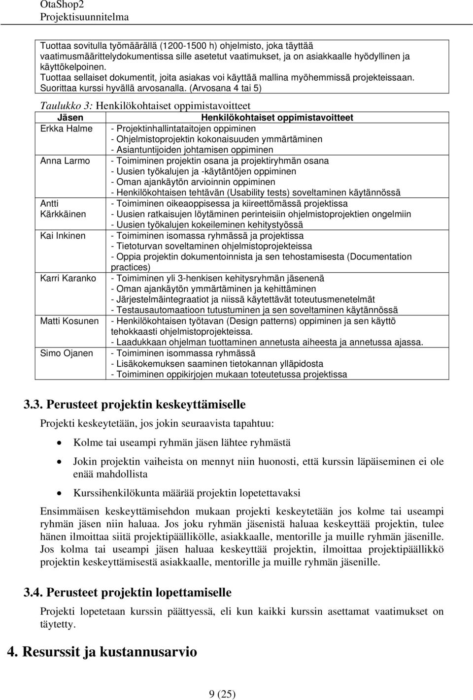 (Arvosana 4 tai 5) Taulukko 3: Henkilökohtaiset oppimistavoitteet Jäsen Henkilökohtaiset oppimistavoitteet Erkka Halme - Projektinhallintataitojen oppiminen - Ohjelmistoprojektin kokonaisuuden