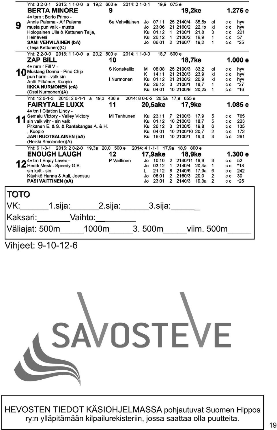 500m Vihjeet: 9-1 0-1 2-6 HEVOSTEN TIEDOT KÄSIOHJELMASSA