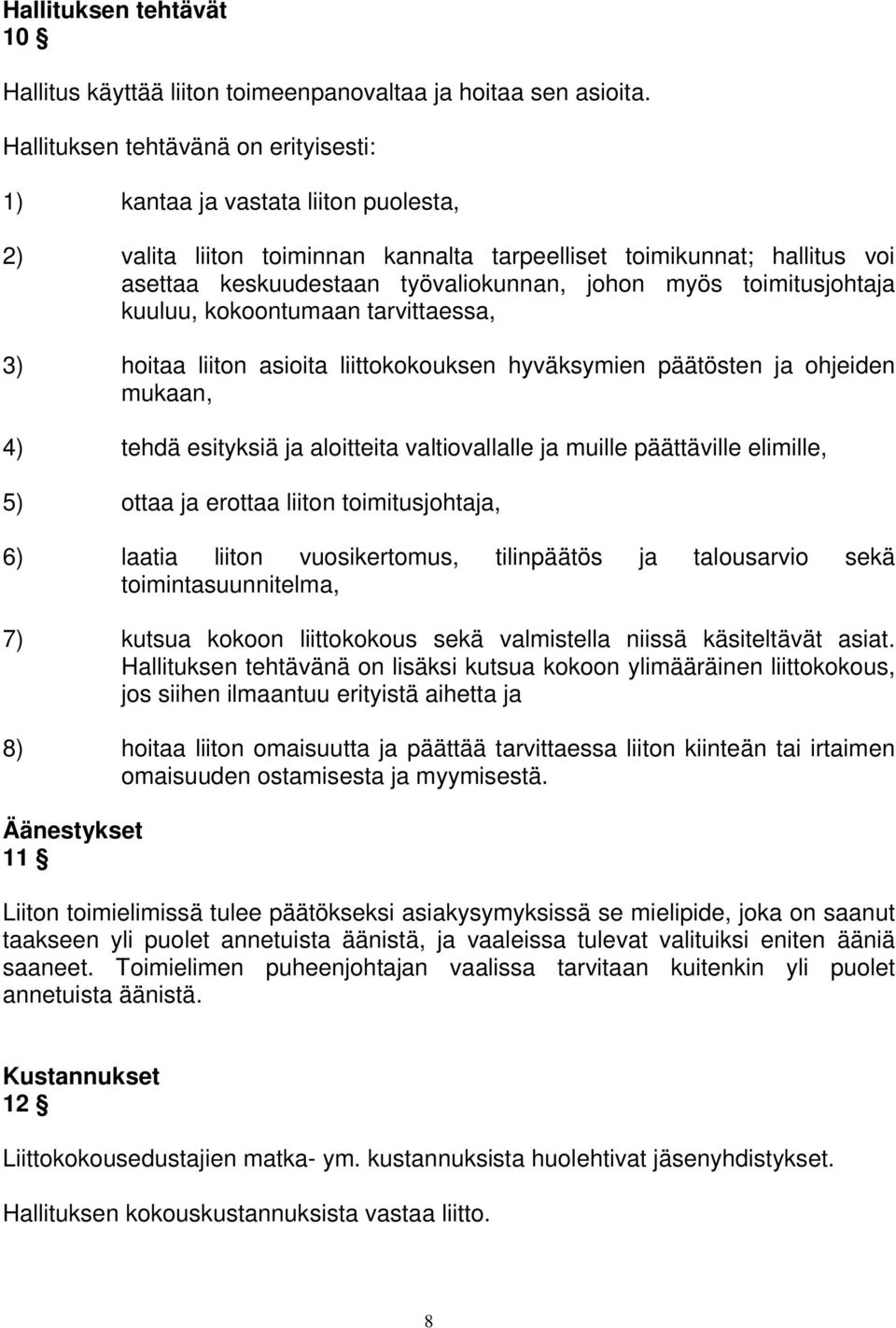 toimitusjohtaja kuuluu, kokoontumaan tarvittaessa, 3) hoitaa liiton asioita liittokokouksen hyväksymien päätösten ja ohjeiden mukaan, 4) tehdä esityksiä ja aloitteita valtiovallalle ja muille