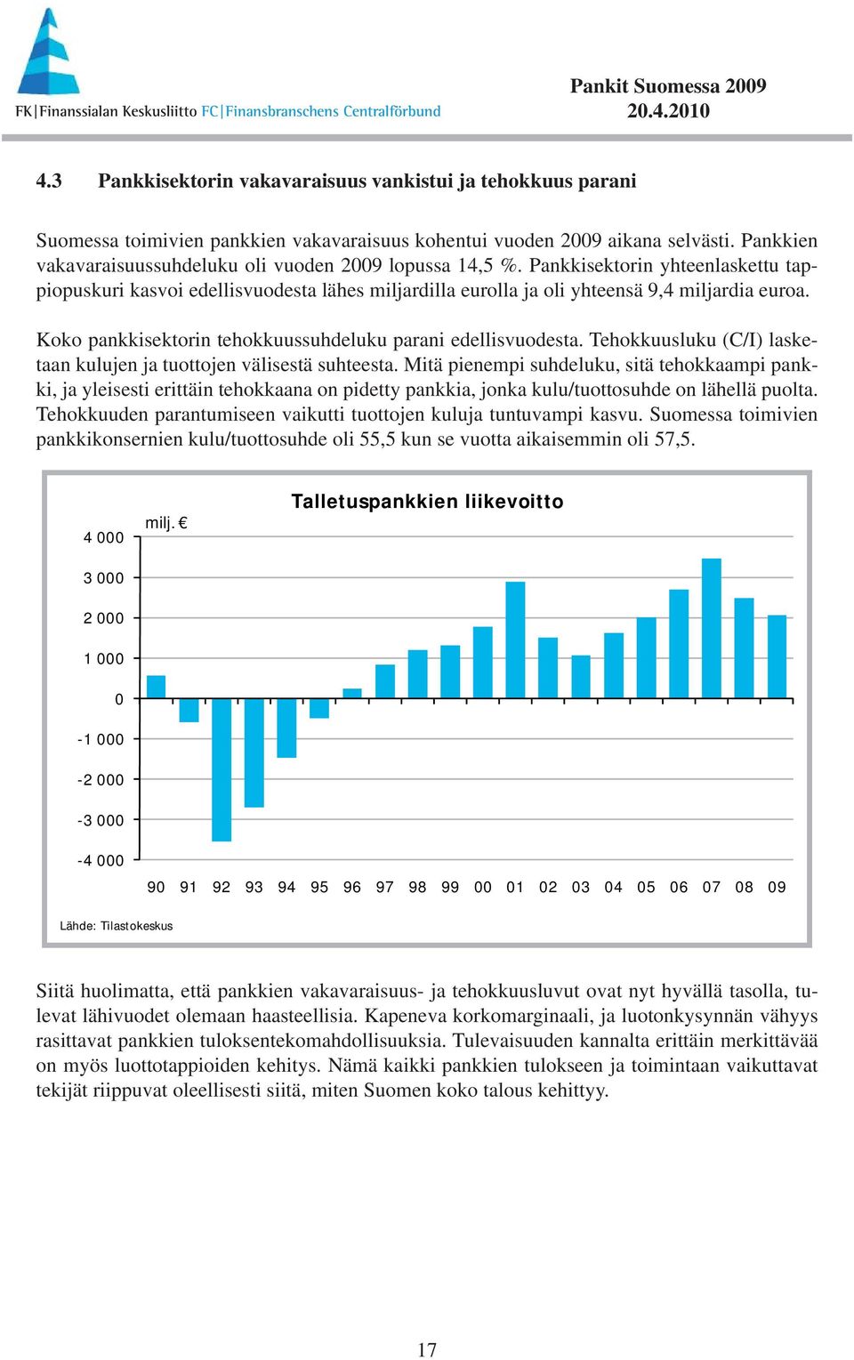 Koko pankkisektorin tehokkuussuhdeluku parani edellisvuodesta. Tehokkuusluku (C/I) lasketaan kulujen ja tuottojen välisestä suhteesta.