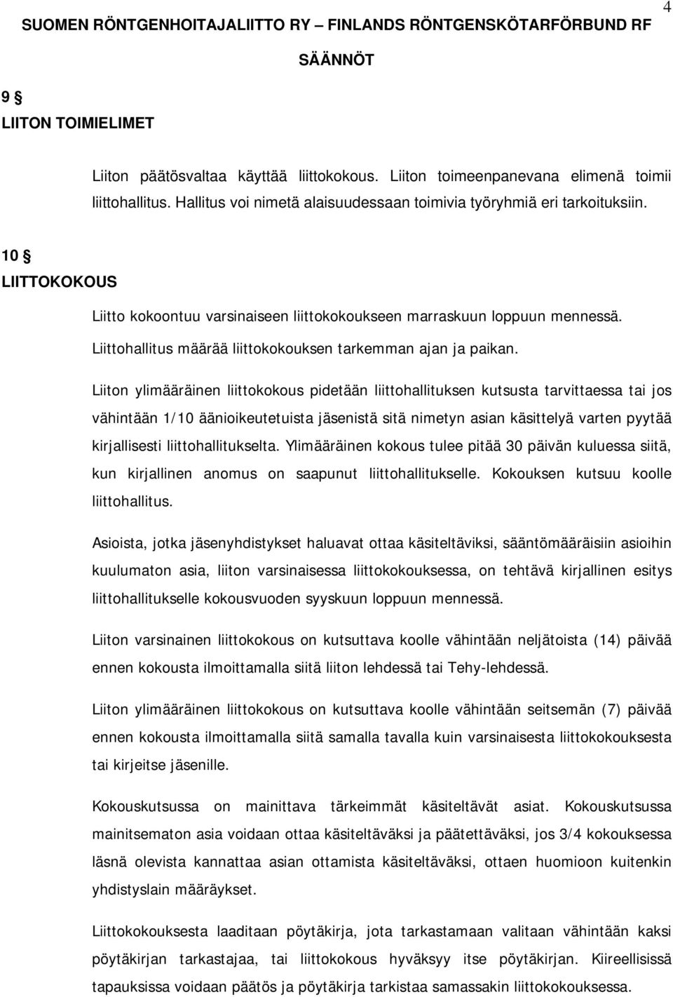 Liiton ylimääräinen liittokokous pidetään liittohallituksen kutsusta tarvittaessa tai jos vähintään 1/10 äänioikeutetuista jäsenistä sitä nimetyn asian käsittelyä varten pyytää kirjallisesti