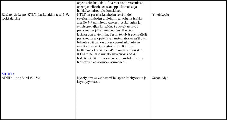 Se soveltuu myös peruskoulun jälkeiseen nuorten aikuisten laskutaidon arviointiin.