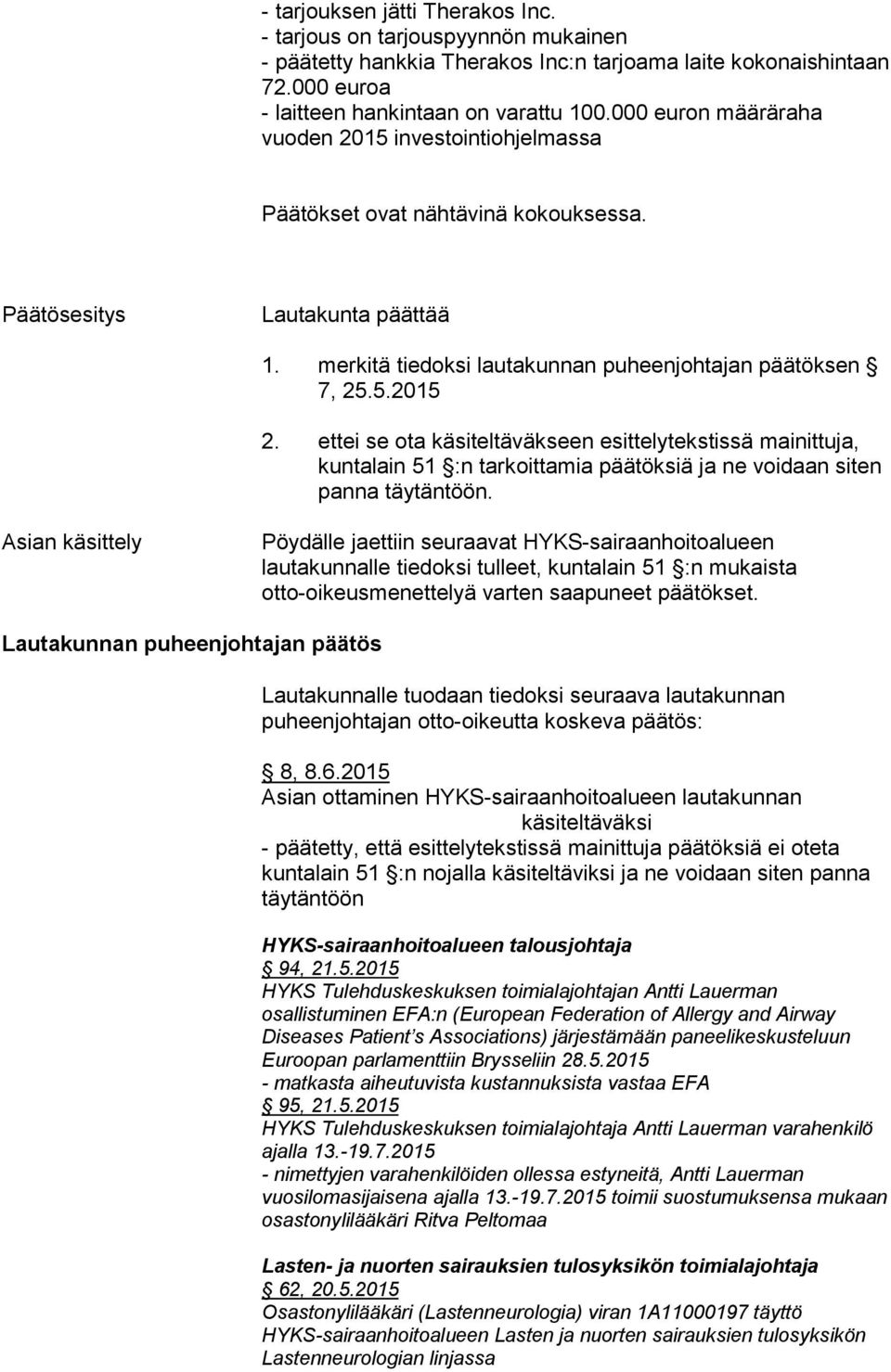 ettei se ota käsiteltäväkseen esittelytekstissä mainittuja, kuntalain 51 :n tarkoittamia päätöksiä ja ne voidaan siten panna täytäntöön.