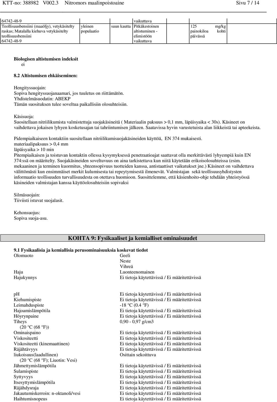 Käsisuoja: Suositellaan nitriilikumista valmistettuja suojakäsineitä ( Materiaalin paksuus > 0,1 mm, läpäisyaika < 30s).