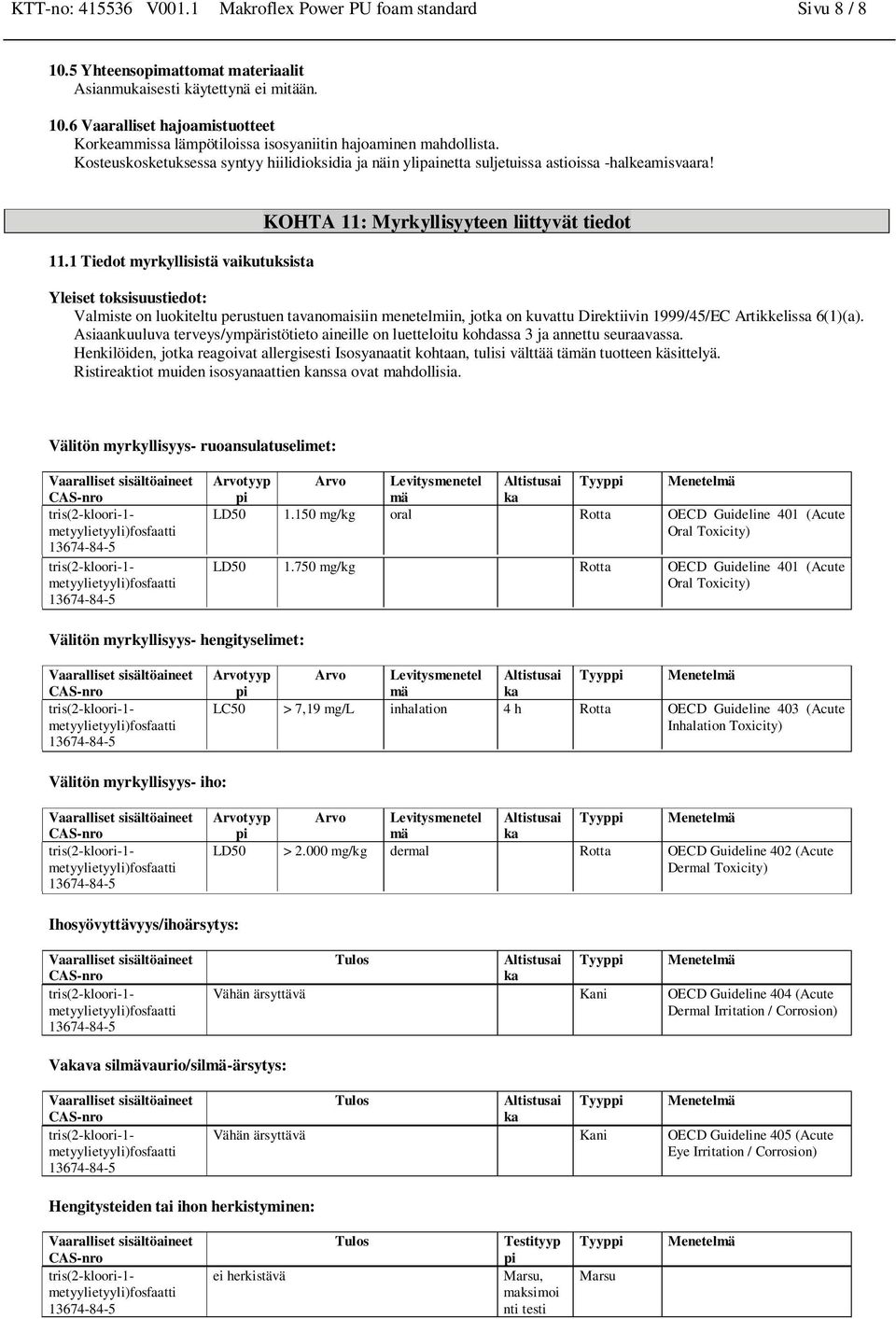 1 Tiedot myrkyllisistä vaikutuksista KOHTA 11: Myrkyllisyyteen liittyvät tiedot Yleiset toksisuustiedot: Valmiste on luokiteltu perustuen tavanomaisiin menetelmiin, jotka on kuvattu Direktiivin