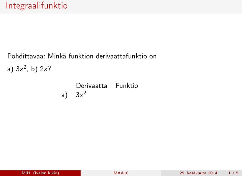 Derivaatta a) 3x 2 Funktio MiH