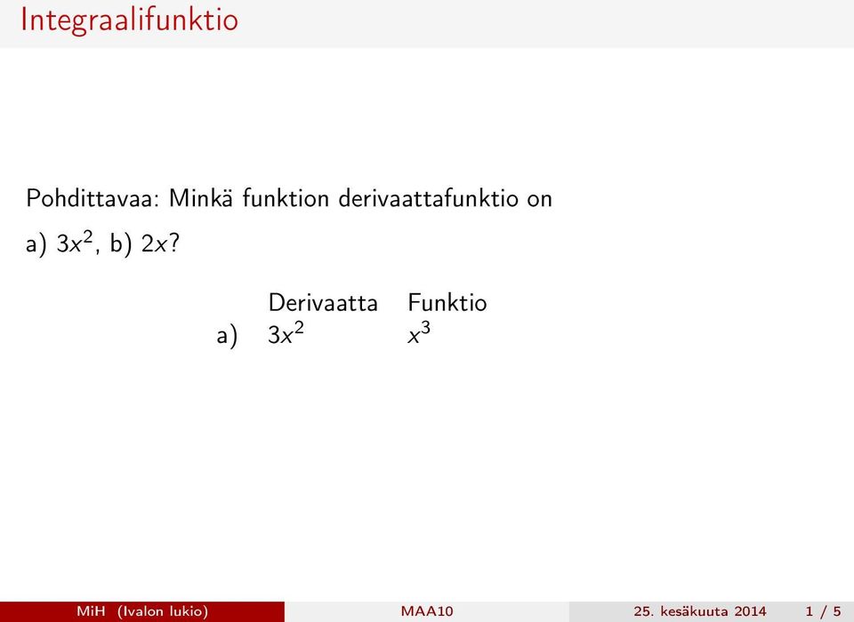 Derivaatta Funktio a) 3x 2 x 3 MiH