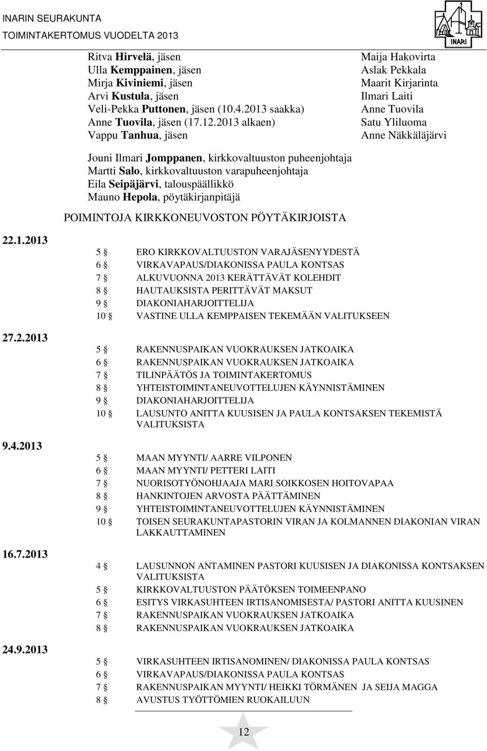 Martti Salo, kirkkovaltuuston varapuheenjohtaja Eila Seipäjärvi, talouspäällikkö Mauno Hepola, pöytäkirjanpitäjä POIMINTOJA KIRKKONEUVOSTON PÖYTÄKIRJOISTA 22.1.2013 27.2.2013 9.