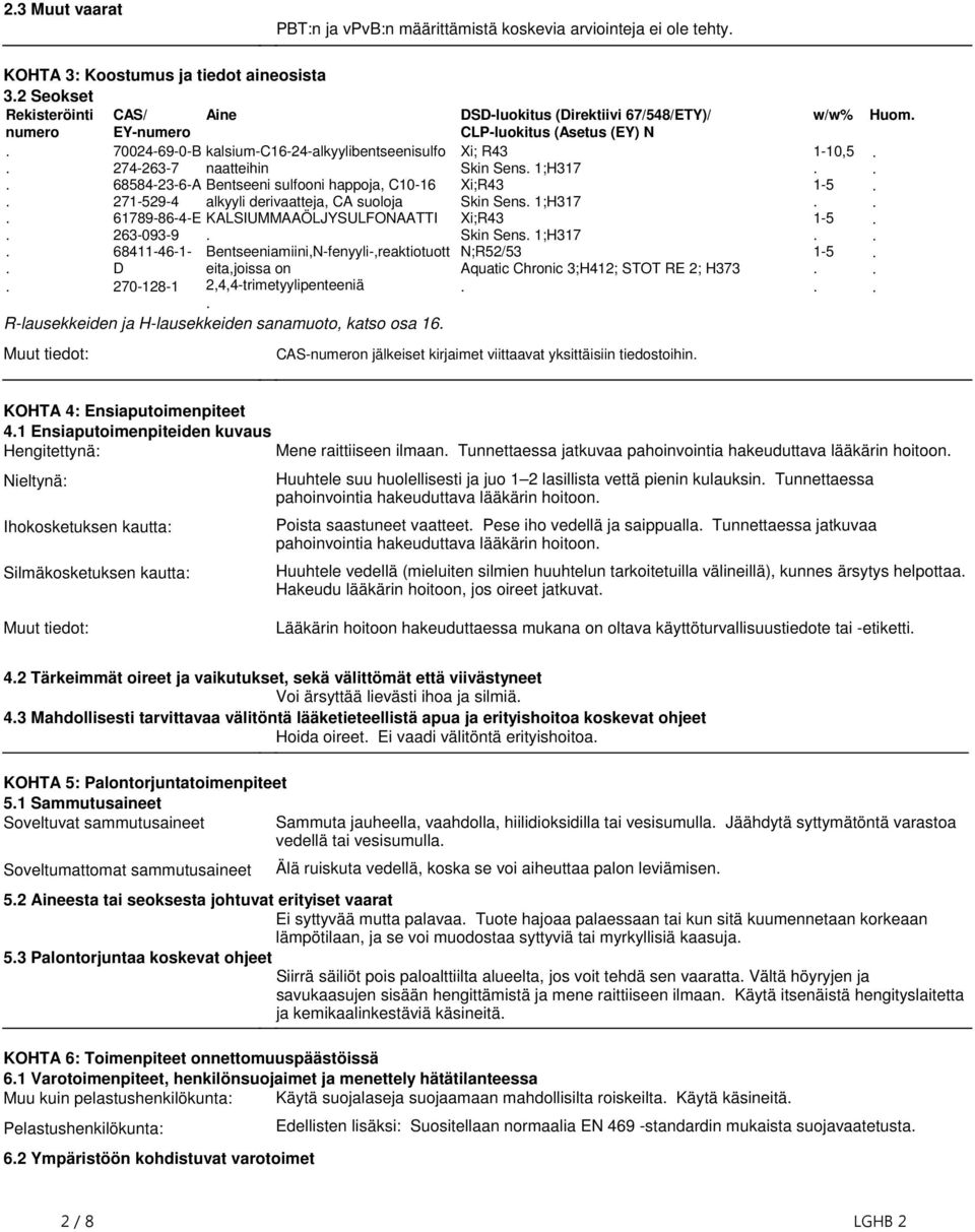 KALSIUMMAAÖLJYSULFONAATTI Bentseeniamiini,N-fenyyli-,reaktiotuott eita,joissa on 2,4,4-trimetyylipenteeniä R-lausekkeiden ja H-lausekkeiden sanamuoto, katso osa 16 Muut tiedot: DSD-luokitus