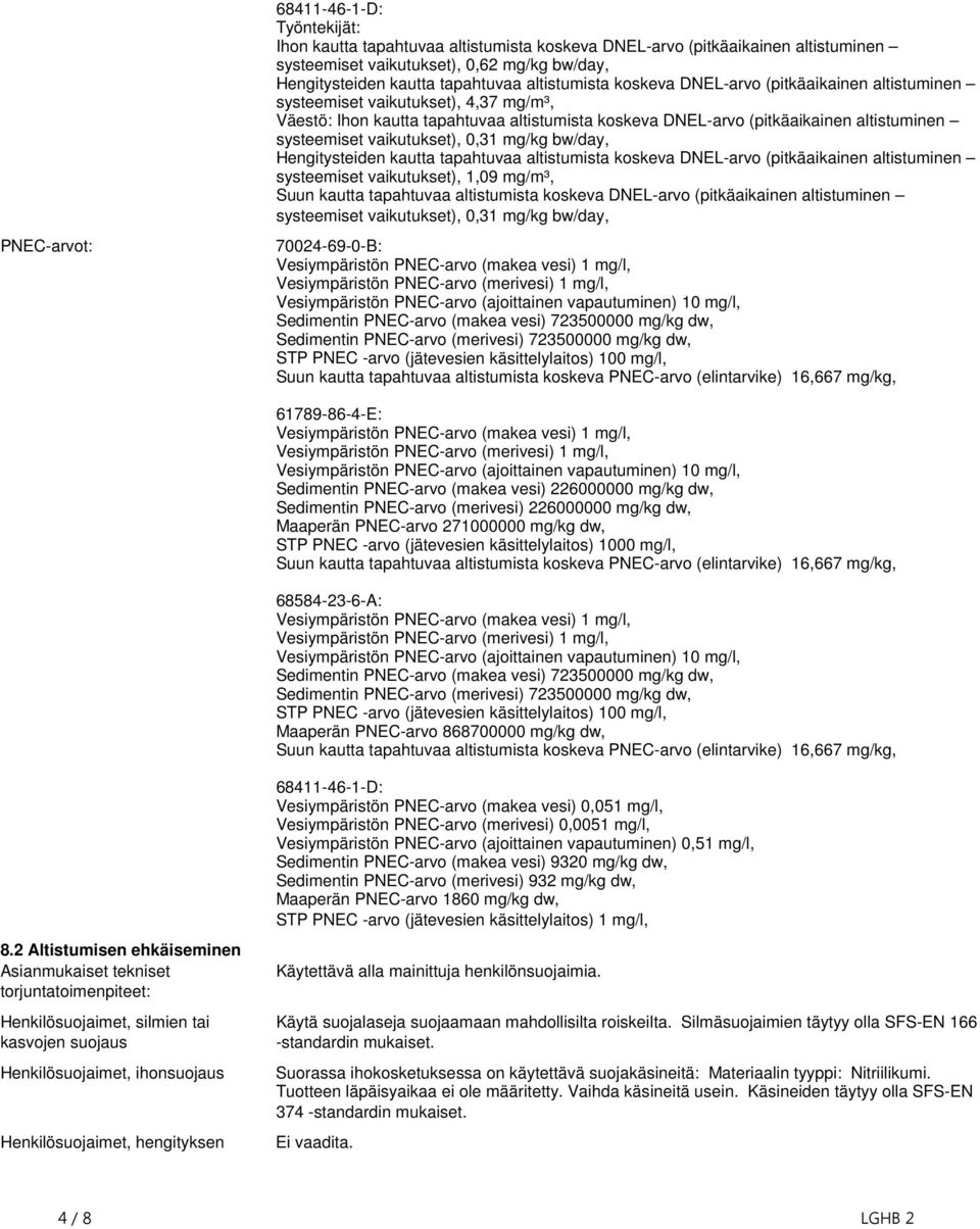 mg/l, Vesiympäristön PNEC-arvo (merivesi) 1 mg/l, Vesiympäristön PNEC-arvo (ajoittainen vapautuminen) 10 mg/l, Sedimentin PNEC-arvo (makea vesi) 723500000 mg/kg dw, Sedimentin PNEC-arvo (merivesi)