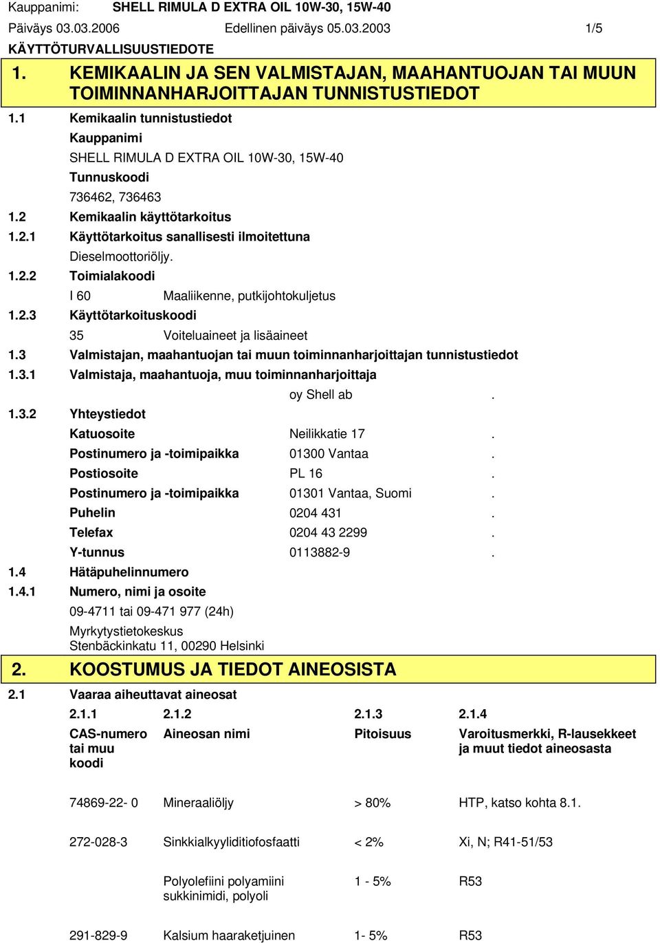 1.2.2 Toimialakoodi I 60 Maaliikenne, putkijohtokuljetus 1.2.3 Käyttötarkoituskoodi 35 Voiteluaineet ja lisäaineet 1.3 Valmistajan, maahantuojan tai muun toiminnanharjoittajan tunnistustiedot 1.3.1 Valmistaja, maahantuoja, muu toiminnanharjoittaja oy Shell ab.