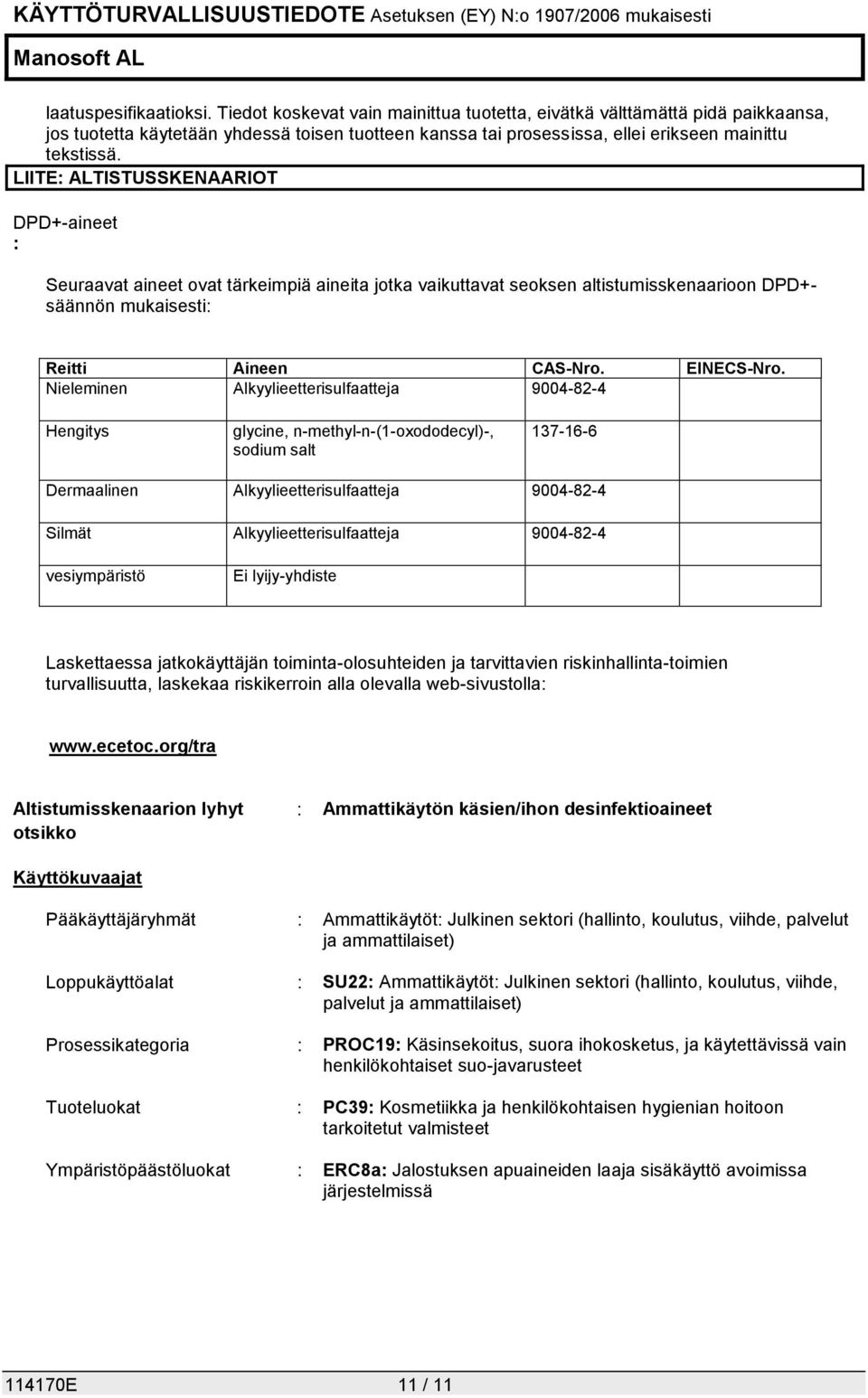 LIITE: ALTISTUSSKENAARIOT DPD+-aineet : Seuraavat aineet ovat tärkeimpiä aineita jotka vaikuttavat seoksen altistumisskenaarioon DPD+säännön mukaisesti: Reitti Aineen CAS-Nro. EINECS-Nro.