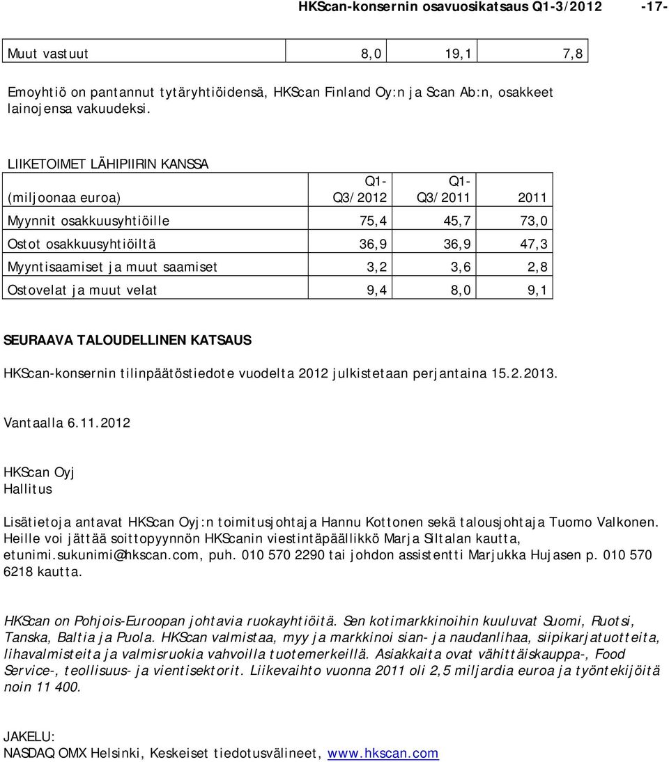 8,0 9,1 SEURAAVA TALOUDELLINEN KATSAUS HKScan-konsernin tilinpäätöstiedote vuodelta 2012 julkistetaan perjantaina 15.2.2013. Vantaalla 6.11.