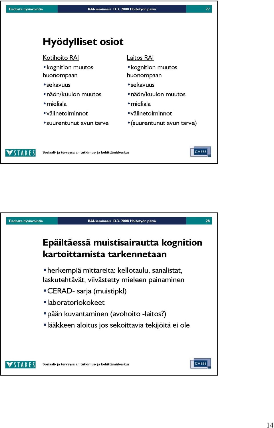 Laitos RAI kognition muutos huonompaan sekavuus näön/kuulon muutos mieliala välinetoiminnot (suurentunut avun tarve) 3.