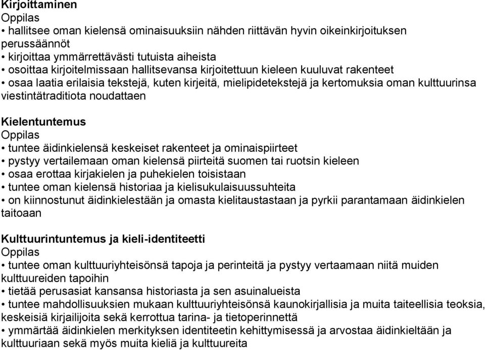 keskeiset rakenteet ja ominaispiirteet pystyy vertailemaan oman kielensä piirteitä suomen tai ruotsin kieleen osaa erottaa kirjakielen ja puhekielen toisistaan tuntee oman kielensä historiaa ja