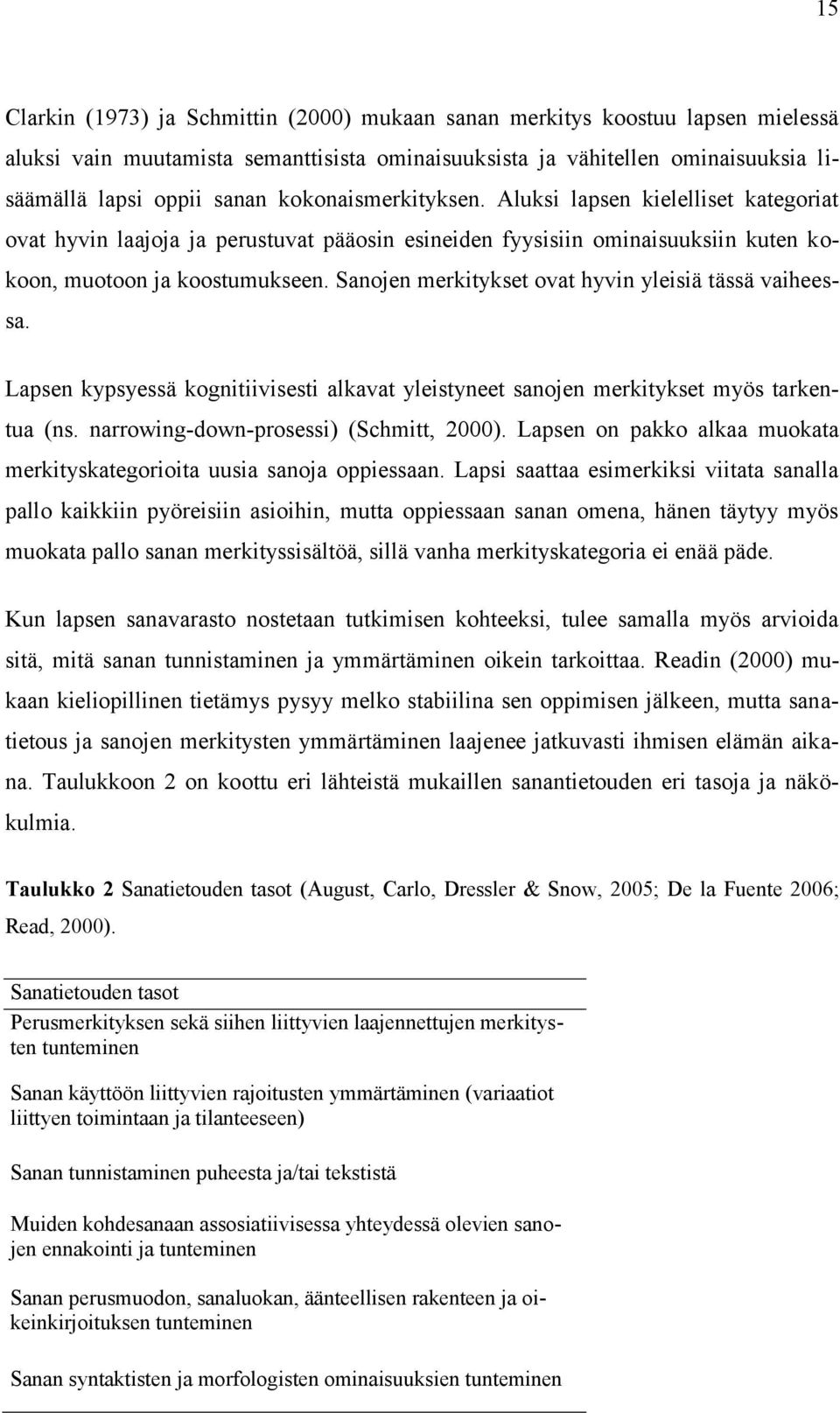 Sanojen merkitykset ovat hyvin yleisiä tässä vaiheessa. Lapsen kypsyessä kognitiivisesti alkavat yleistyneet sanojen merkitykset myös tarkentua (ns. narrowing-down-prosessi) (Schmitt, 2000).