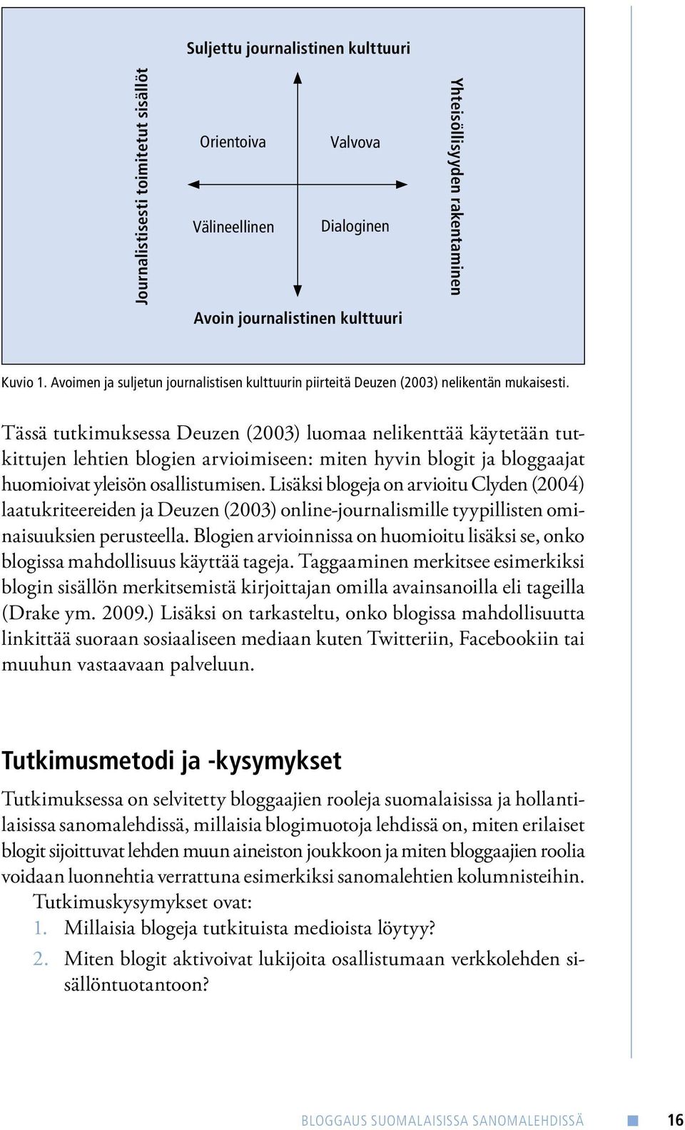 Tässä tutkimuksessa Deuzen (2003) luomaa nelikenttää käytetään tutkittujen lehtien blogien arvioimiseen: miten hyvin blogit ja bloggaajat huomioivat yleisön osallistumisen.