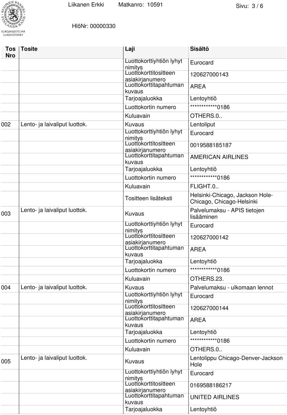 Palvelumaksu - APIS tietojen lisääminen Luottokorttitositteen 120627000142 AREA OTHERS.23. 004 Lento- ja laivaliput luottok.