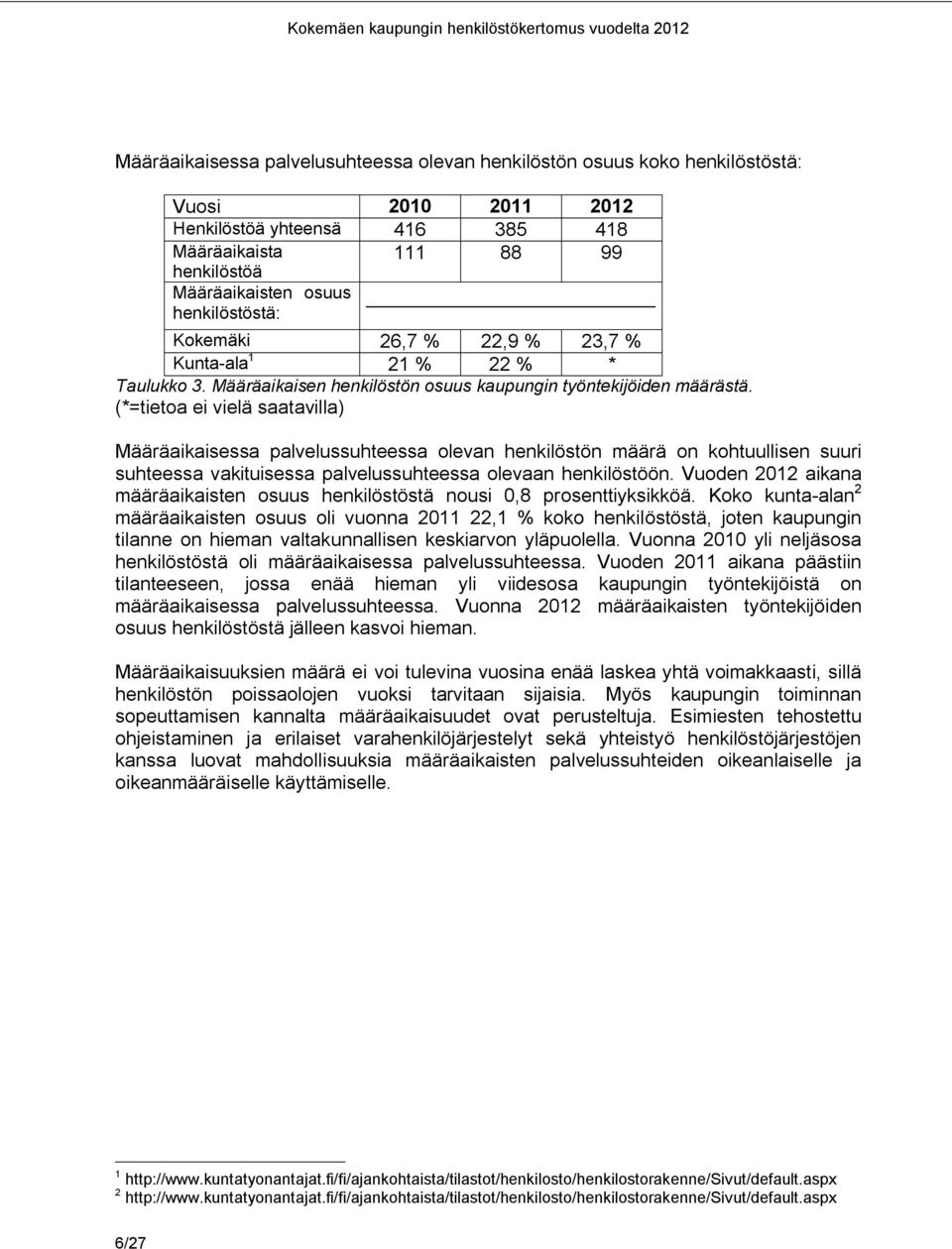 (*=tietoa ei vielä saatavilla) Määräaikaisessa palvelussuhteessa olevan henkilöstön määrä on kohtuullisen suuri suhteessa vakituisessa palvelussuhteessa olevaan henkilöstöön.