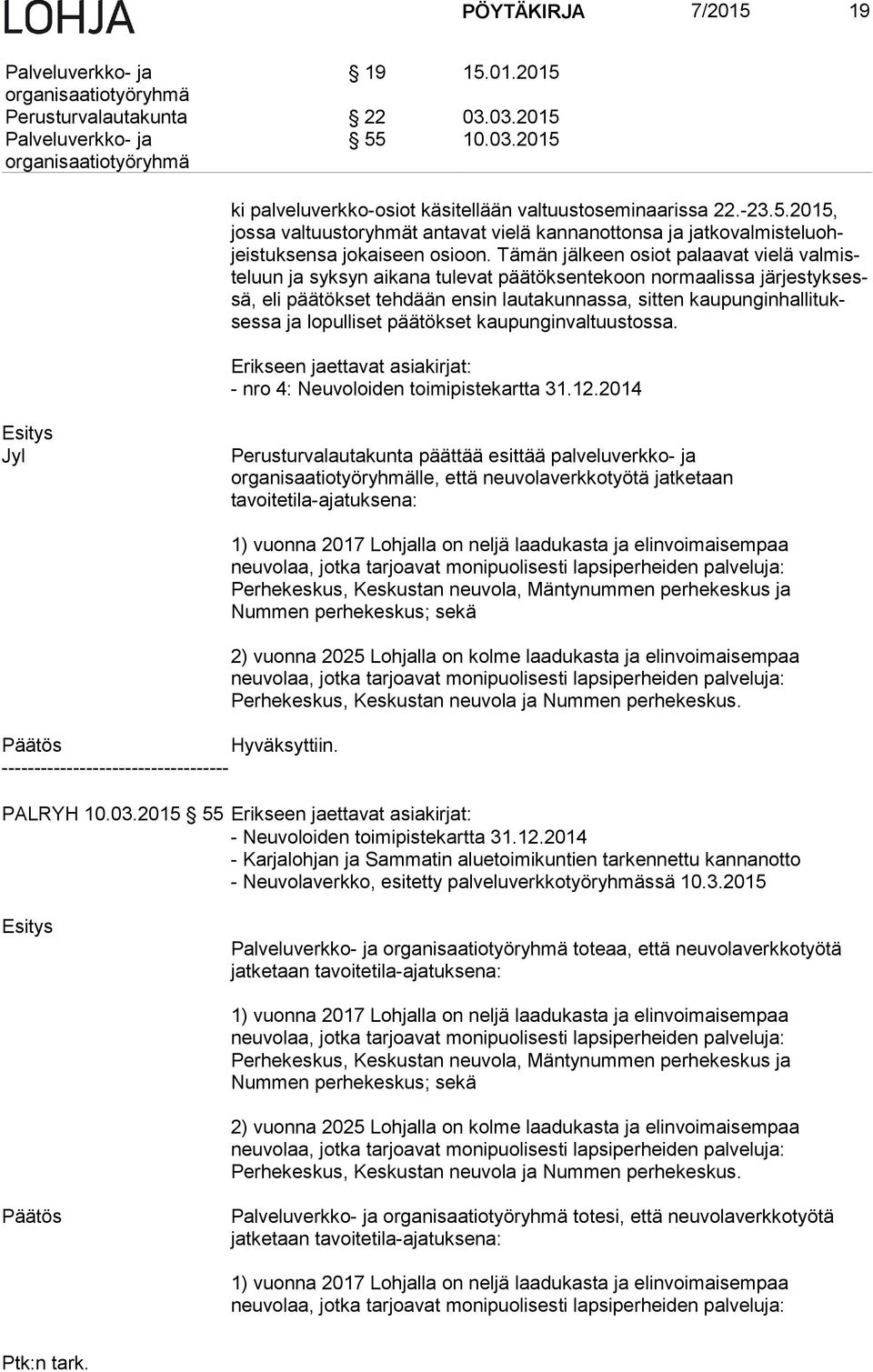 sa ja lopulliset päätökset kaupunginvaltuustossa. Erikseen jaettavat asiakirjat: - nro 4: Neuvoloiden toimipistekartta 31.12.