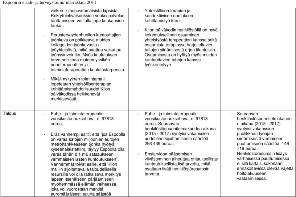 Myös koulutuksen tarve poikkeaa muiden yksikön puheterapeuttien ja toimintaterapeuttien koulutustarpeesta. - Yhteisöllisen terapian ja konduktiivisen opetuksen kehittämistyö kärsii.