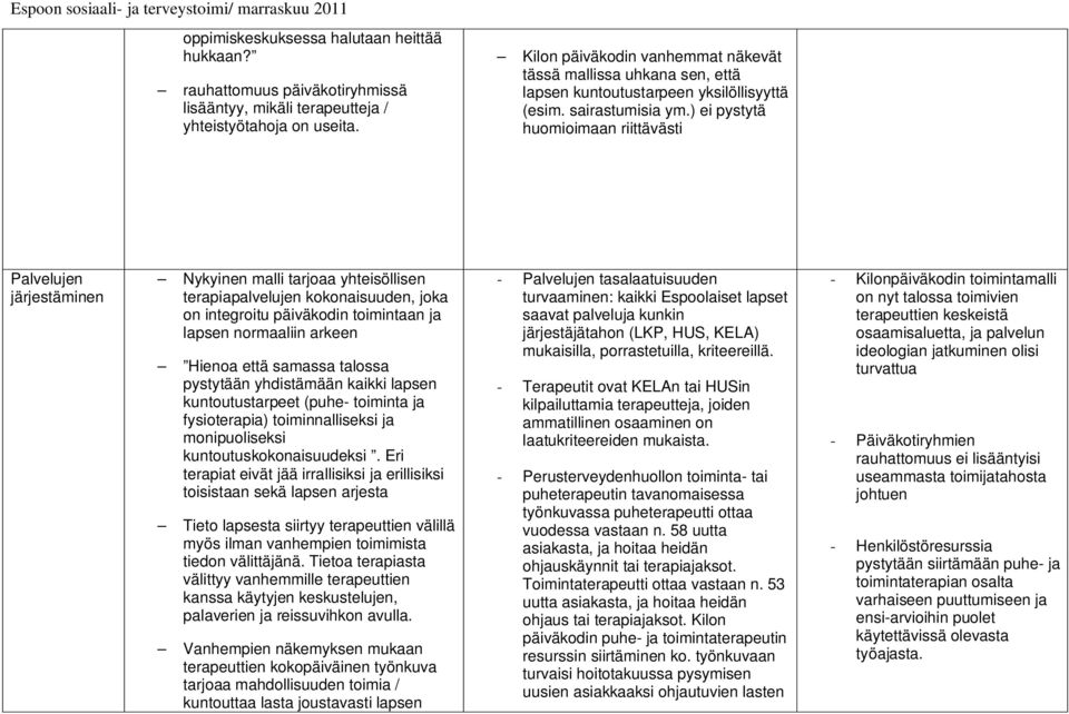 ) ei pystytä huomioimaan riittävästi Palvelujen järjestäminen Nykyinen malli tarjoaa yhteisöllisen terapiapalvelujen kokonaisuuden, joka on integroitu päiväkodin toimintaan ja lapsen normaaliin