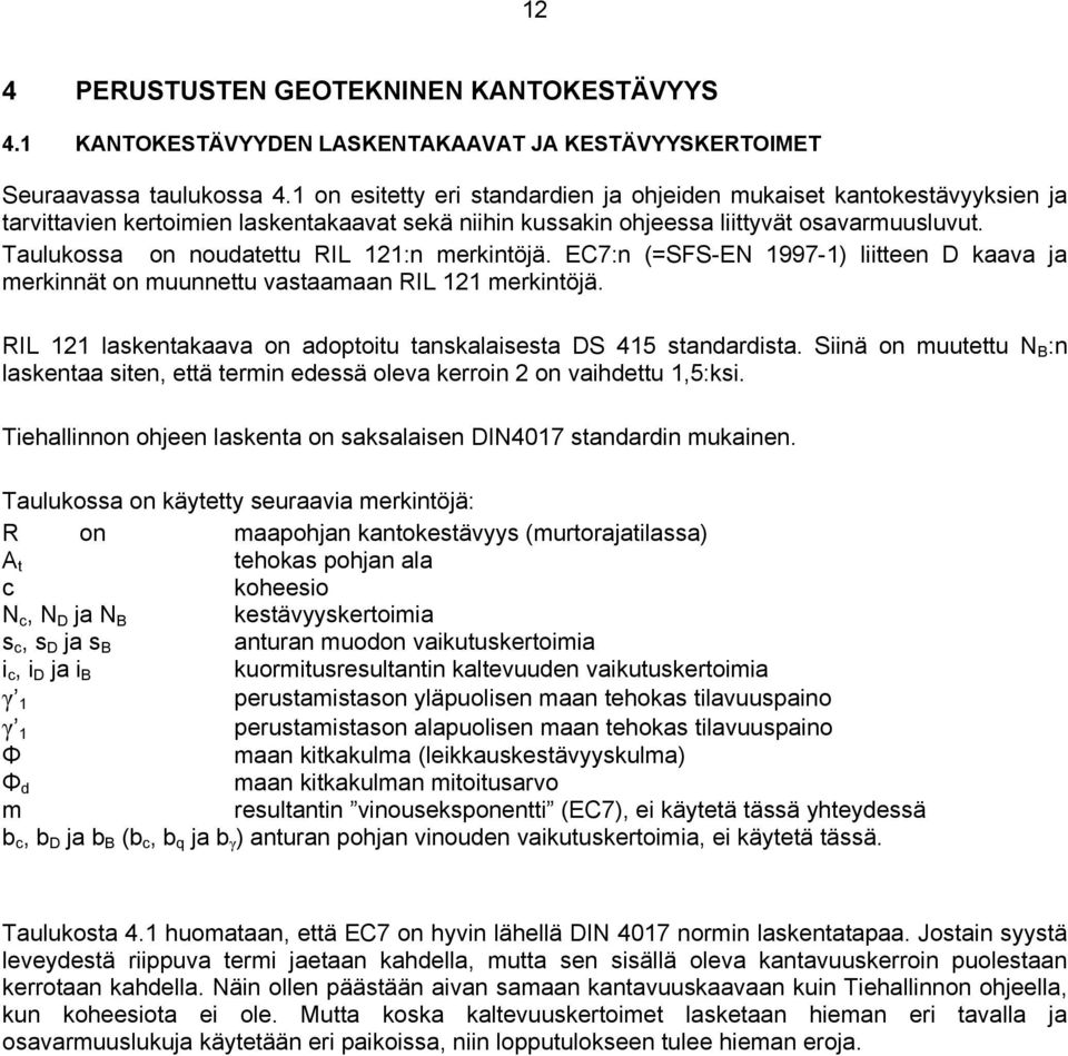 Taulukossa on noudatettu RIL 121:n merkintöjä. EC7:n (=SFS-EN 1997-1) liitteen D kaava ja merkinnät on muunnettu vastaamaan RIL 121 merkintöjä.