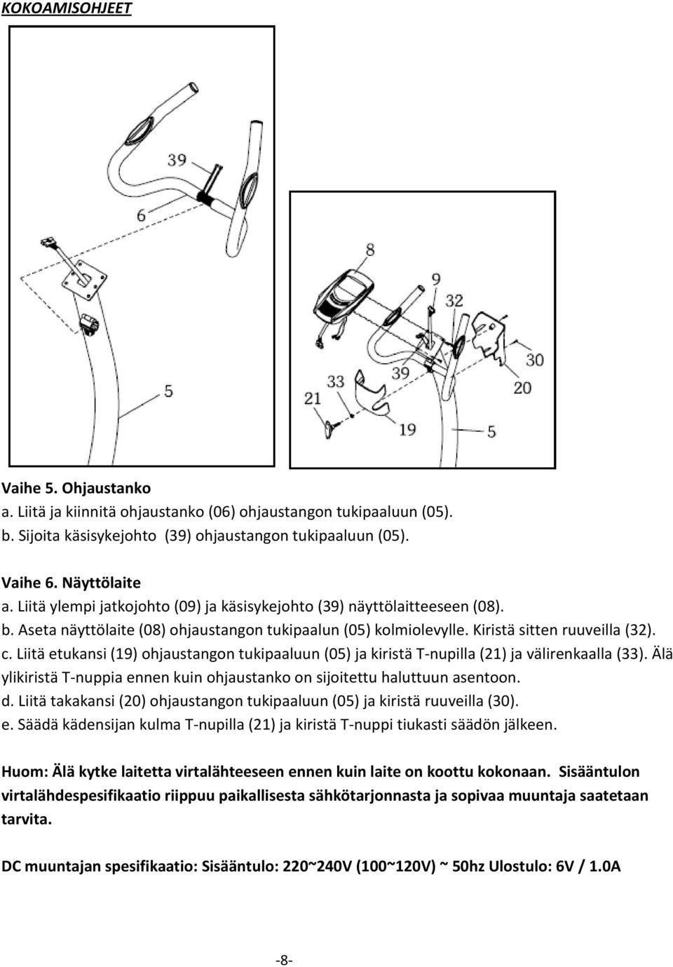 Liitä etukansi (19) ohjaustangon tukipaaluun (05) ja kiristä T-nupilla (21) ja välirenkaalla (33). Älä ylikiristä T-nuppia ennen kuin ohjaustanko on sijoitettu haluttuun asentoon. d.