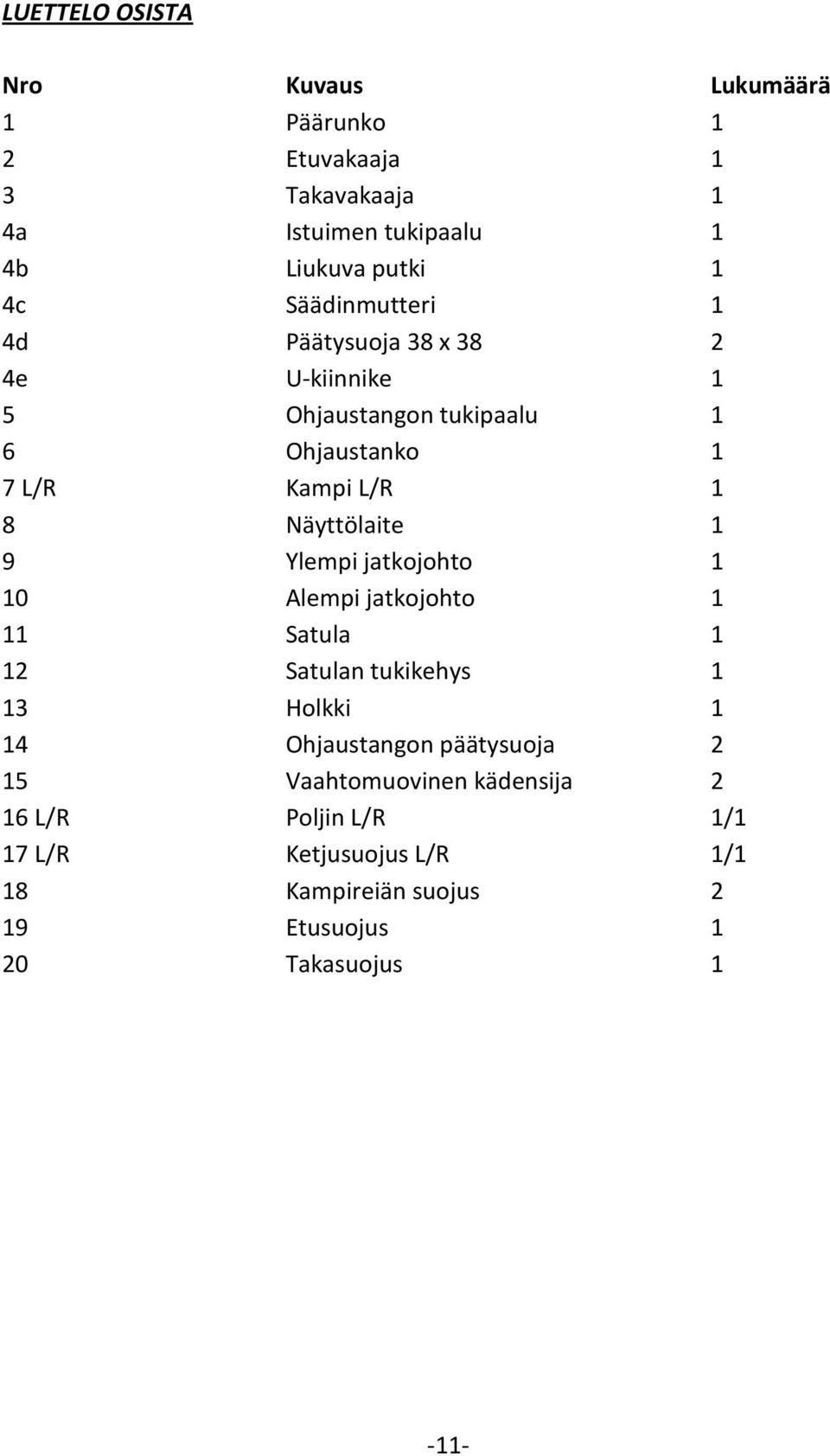 Näyttölaite 1 9 Ylempi jatkojohto 1 10 Alempi jatkojohto 1 11 Satula 1 12 Satulan tukikehys 1 13 Holkki 1 14 Ohjaustangon