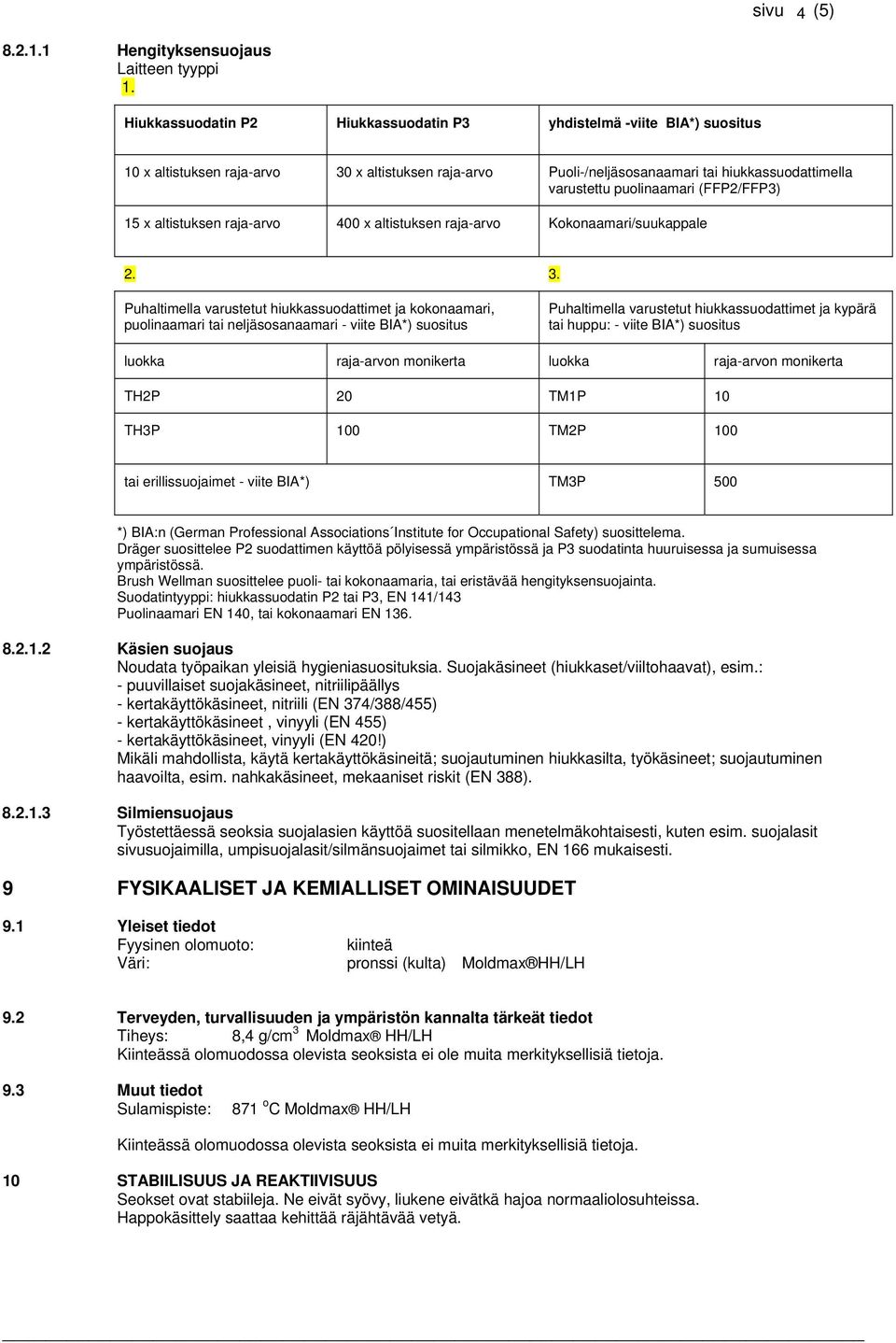 (FFP2/FFP3) 15 x altistuksen raja-arvo 400 x altistuksen raja-arvo Kokonaamari/suukappale 2. 3.