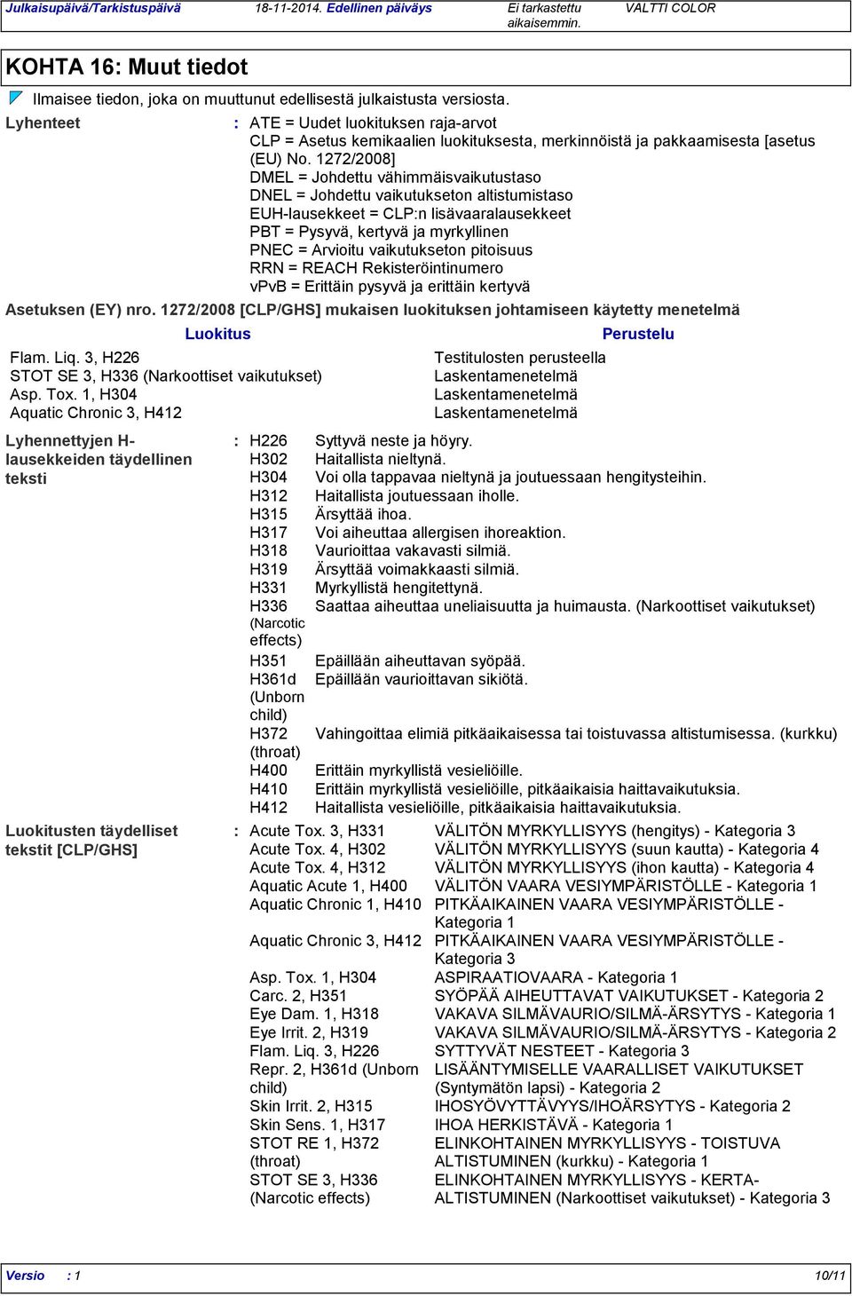 1272/2008] DMEL = Johdettu vähimmäisvaikutustaso DNEL = Johdettu vaikutukseton altistumistaso EUH-lausekkeet = CLPn lisävaaralausekkeet PBT = Pysyvä, kertyvä ja myrkyllinen PNEC = Arvioitu