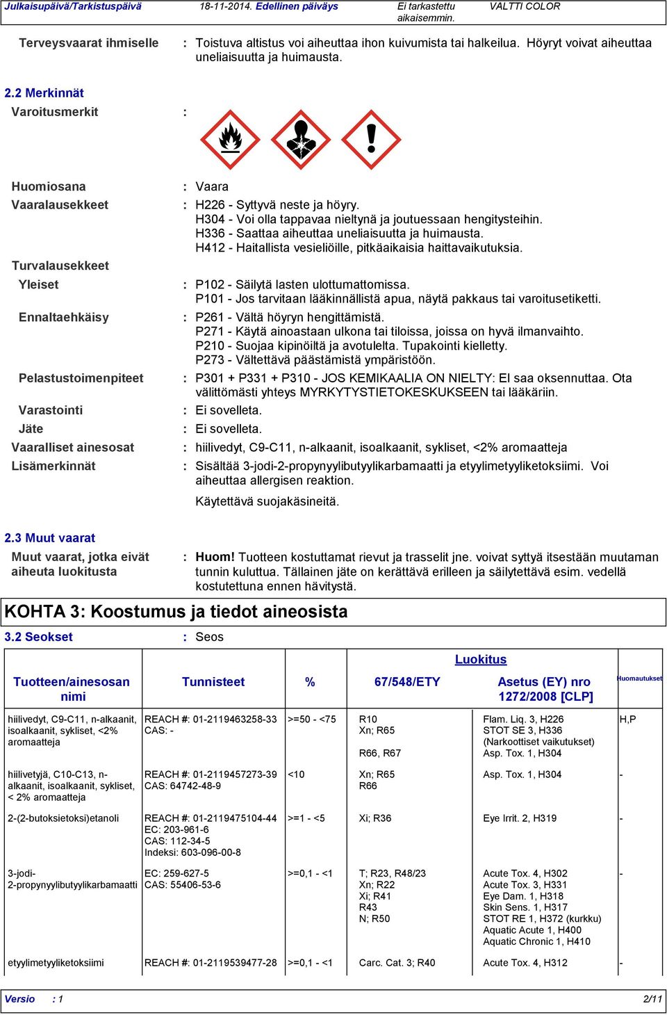 höyry. H304 - Voi olla tappavaa nieltynä ja joutuessaan hengitysteihin. H336 - Saattaa aiheuttaa uneliaisuutta ja huimausta. H412 - Haitallista vesieliöille, pitkäaikaisia haittavaikutuksia.