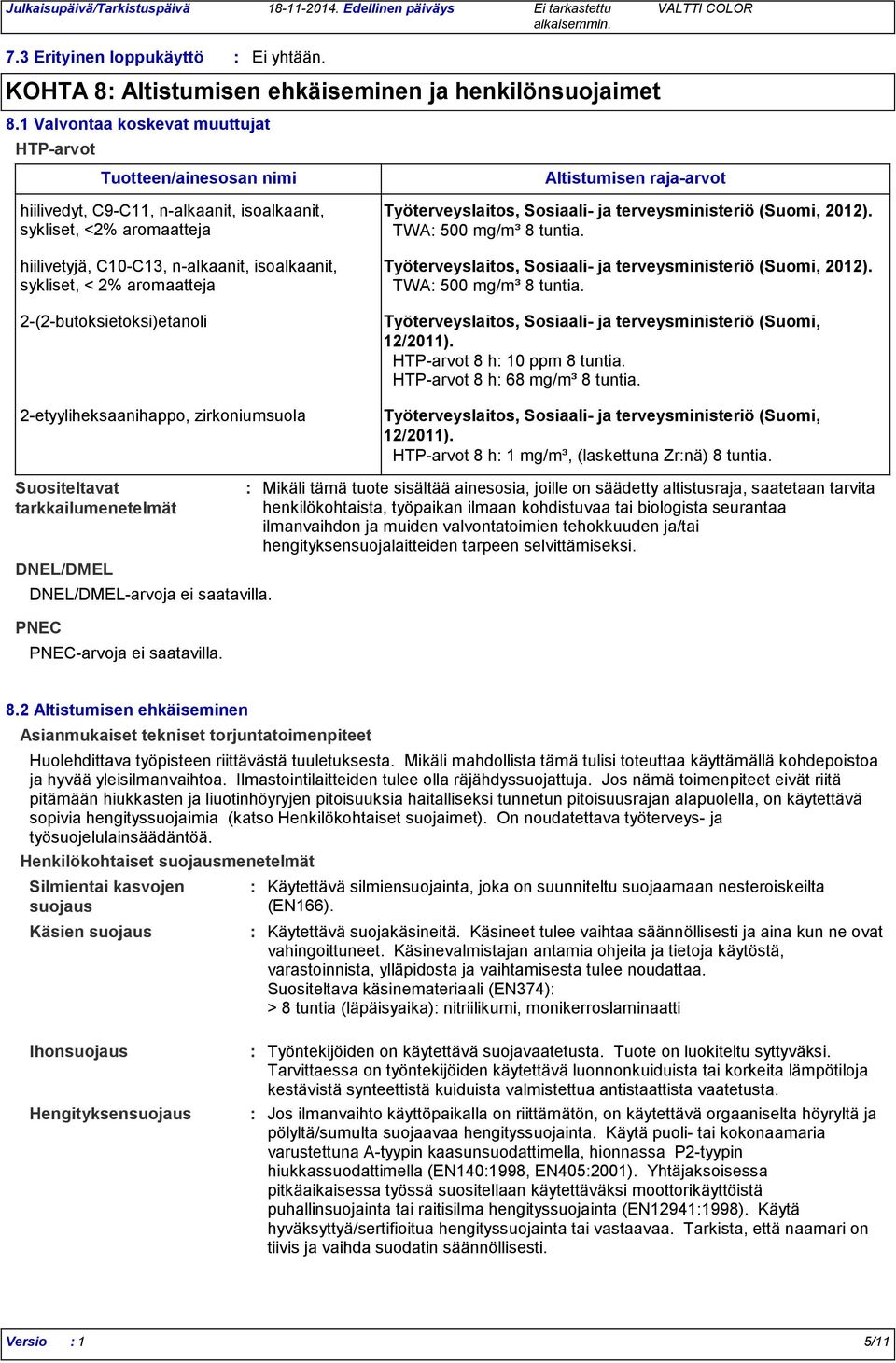 aromaatteja 2-(2-butoksietoksi)etanoli 2-etyyliheksaanihappo, zirkoniumsuola Altistumisen raja-arvot Työterveyslaitos, Sosiaali- ja terveysministeriö (Suomi, 2012). TWA 500 mg/m³ 8 tuntia.