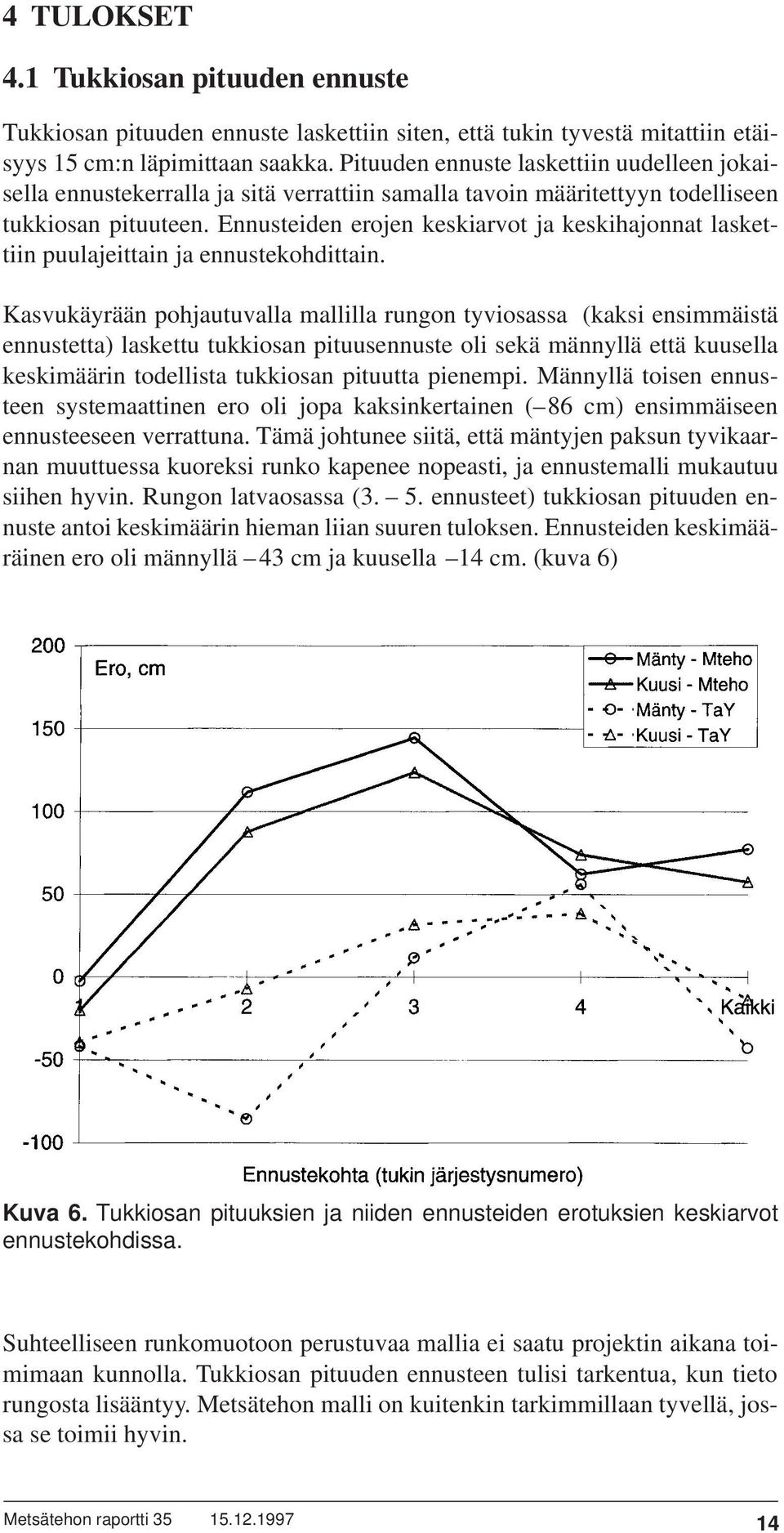 Ennusteiden erojen keskiarvot ja keskihajonnat laskettiin puulajeittain ja ennustekohdittain.