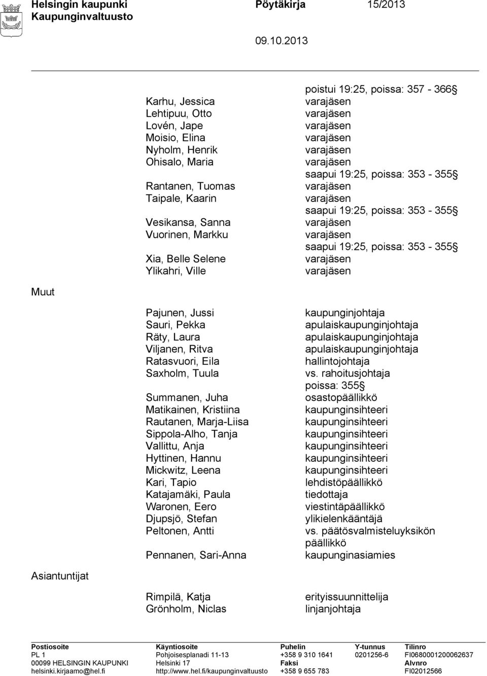 varajäsen varajäsen saapui 19:25, poissa: 353-355 varajäsen varajäsen Muut Pajunen, Jussi Sauri, Pekka Räty, Laura Viljanen, Ritva Ratasvuori, Eila Saxholm, Tuula Summanen, Juha Matikainen, Kristiina