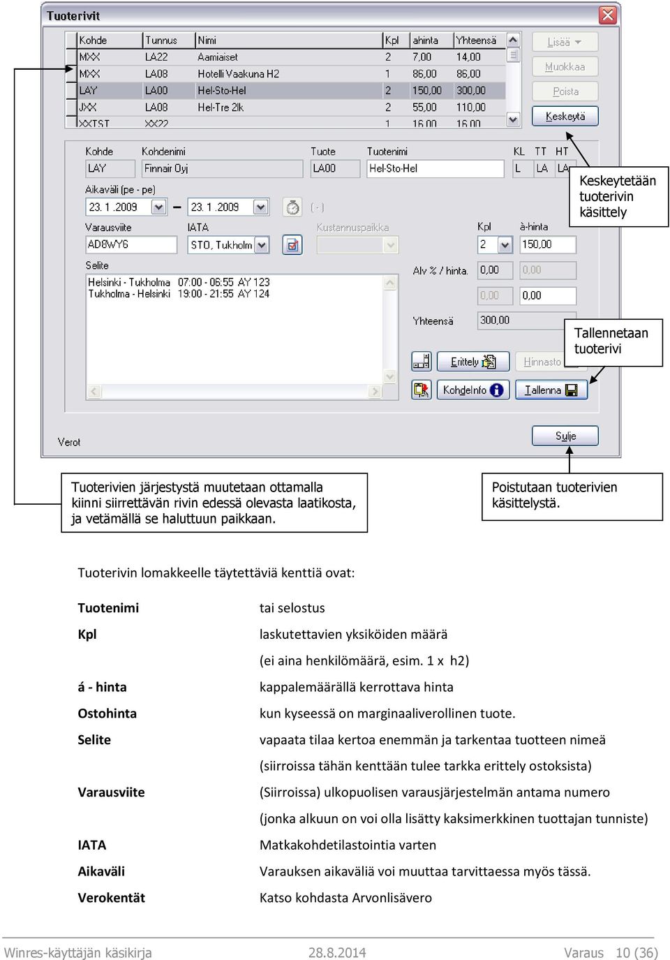 Tuoterivin lomakkeelle täytettäviä kenttiä ovat: Tuotenimi Kpl á - hinta Ostohinta Selite Varausviite IATA Aikaväli Verokentät tai selostus laskutettavien yksiköiden määrä (ei aina henkilömäärä, esim.