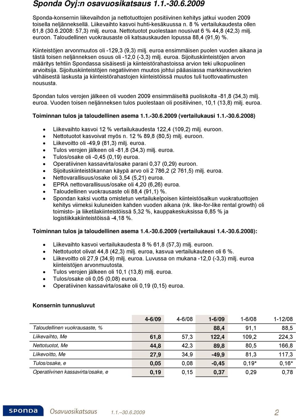 Kiinteistöjen arvonmuutos oli -129,3 (9,3) milj. euroa ensimmäisen puolen vuoden aikana ja tästä toisen neljänneksen osuus oli -12,0 (-3,3) milj. euroa. Sijoituskiinteistöjen arvon määritys tehtiin Spondassa sisäisesti ja kiinteistörahastoissa arvion teki ulkopuolinen arvioitsija.