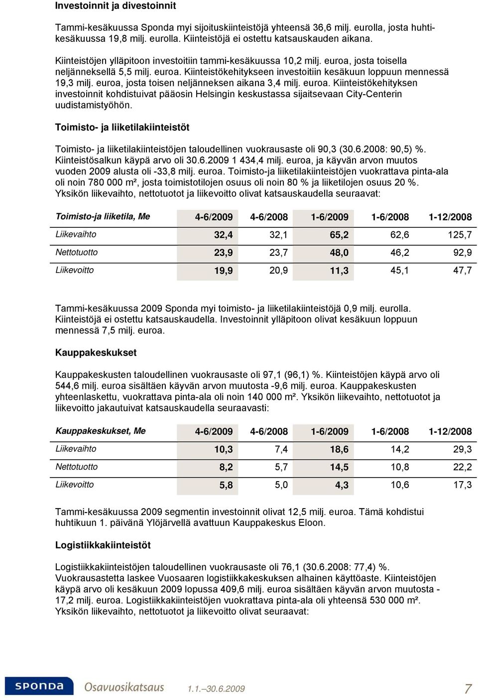 euroa, josta toisen neljänneksen aikana 3,4 milj. euroa. Kiinteistökehityksen investoinnit kohdistuivat pääosin Helsingin keskustassa sijaitsevaan City-Centerin uudistamistyöhön.