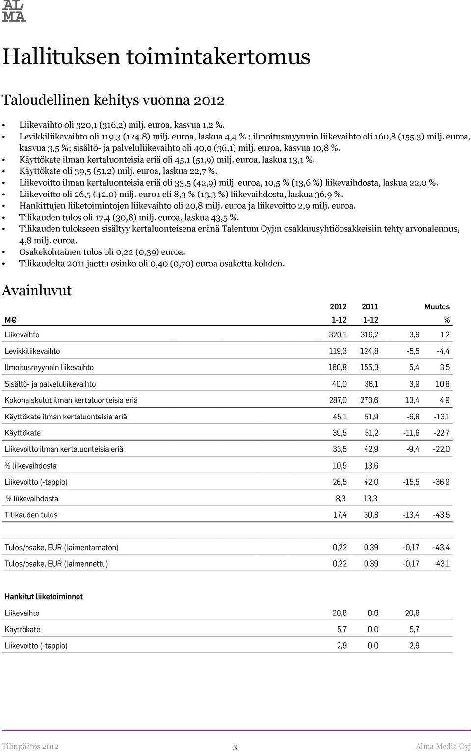 Käyttökate ilman kertaluonteisia eriä oli 45,1 (51,9) milj. euroa, laskua 13,1 %. Käyttökate oli 39,5 (51,2) milj. euroa, laskua 22,7 %. Liikevoitto ilman kertaluonteisia eriä oli 33,5 (42,9) milj.