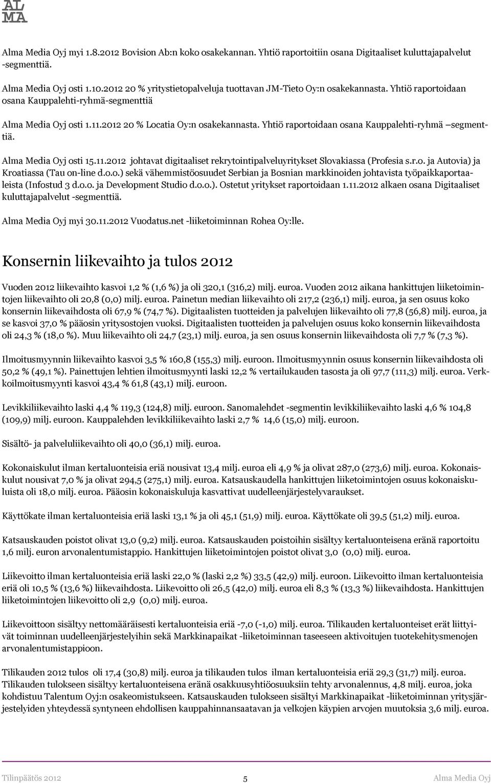 r.o. ja Autovia) ja Kroatiassa (Tau on-line d.o.o.) sekä vähemmistöosuudet Serbian ja Bosnian markkinoiden johtavista työpaikkaportaaleista (Infostud 3 d.o.o. ja Development Studio d.o.o.). Ostetut yritykset raportoidaan 1.