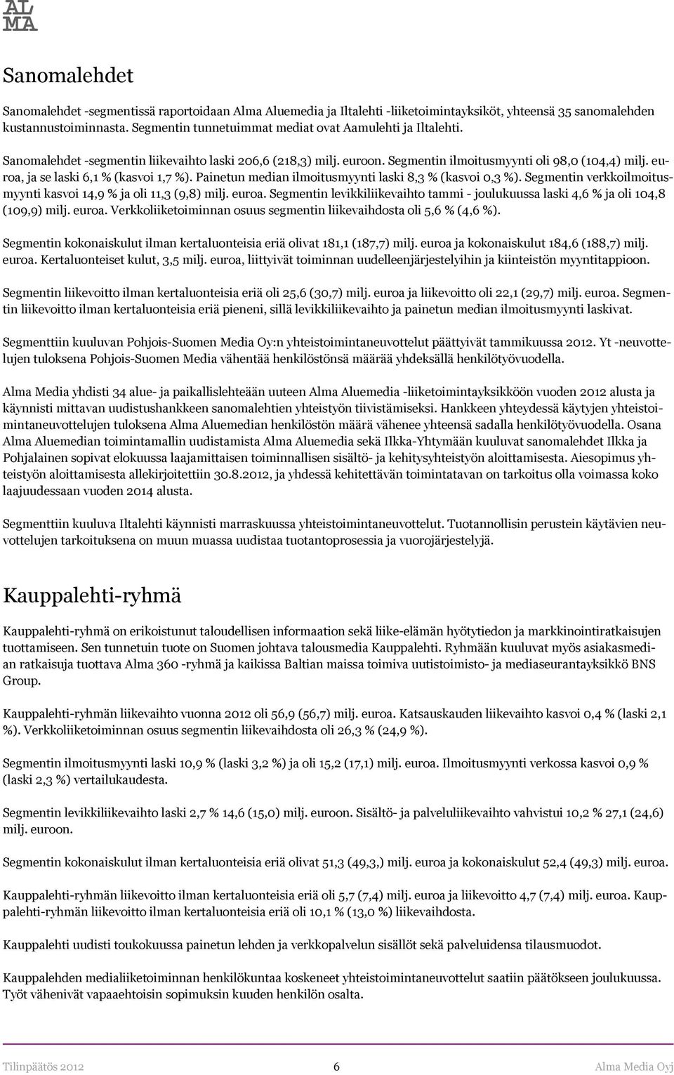 euroa, ja se laski 6,1 % (kasvoi 1,7 %). Painetun median ilmoitusmyynti laski 8,3 % (kasvoi 0,3 %). Segmentin verkkoilmoitusmyynti kasvoi 14,9 % ja oli 11,3 (9,8) milj. euroa.