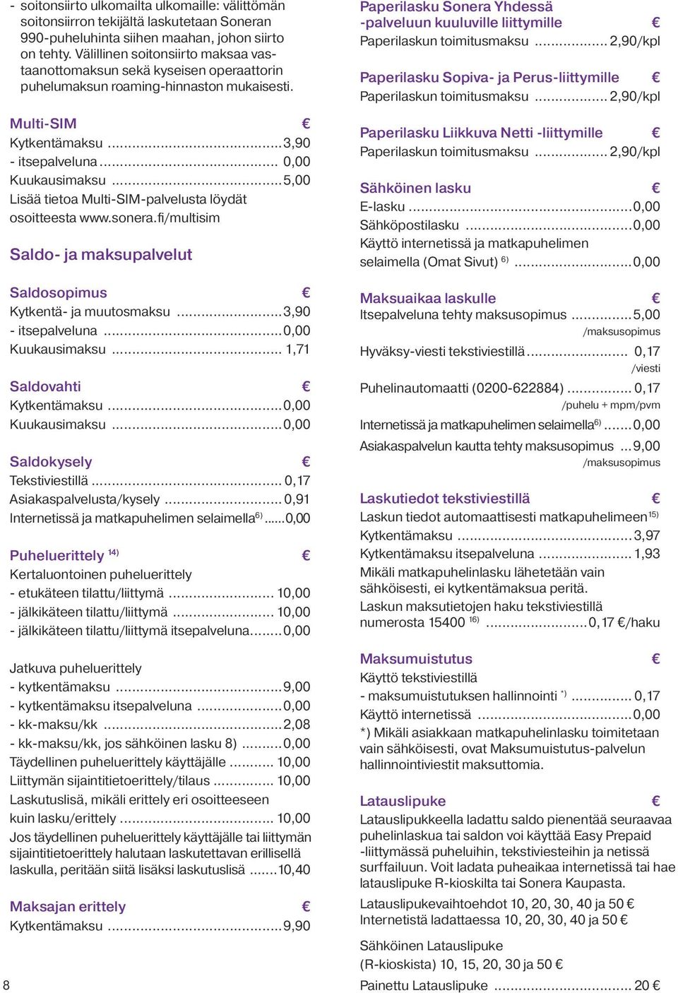 ..5,00 Lisää tietoa Multi-SIM-palvelusta löydät osoitteesta www.sonera.fi/multisim Saldo- ja maksupalvelut Saldosopimus Kytkentä- ja muutosmaksu...3,90 - itsepalveluna...0,00 Kuukausimaksu.