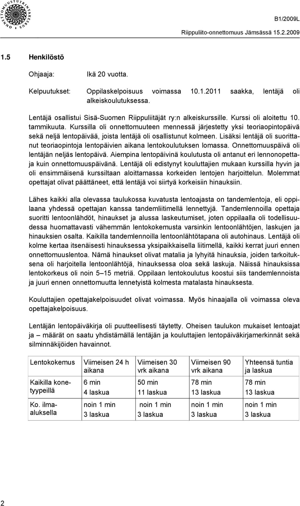 Lisäksi lentäjä oli suorittanut teoriaopintoja lentopäivien aikana lentokoulutuksen lomassa. Onnettomuuspäivä oli lentäjän neljäs lentopäivä.