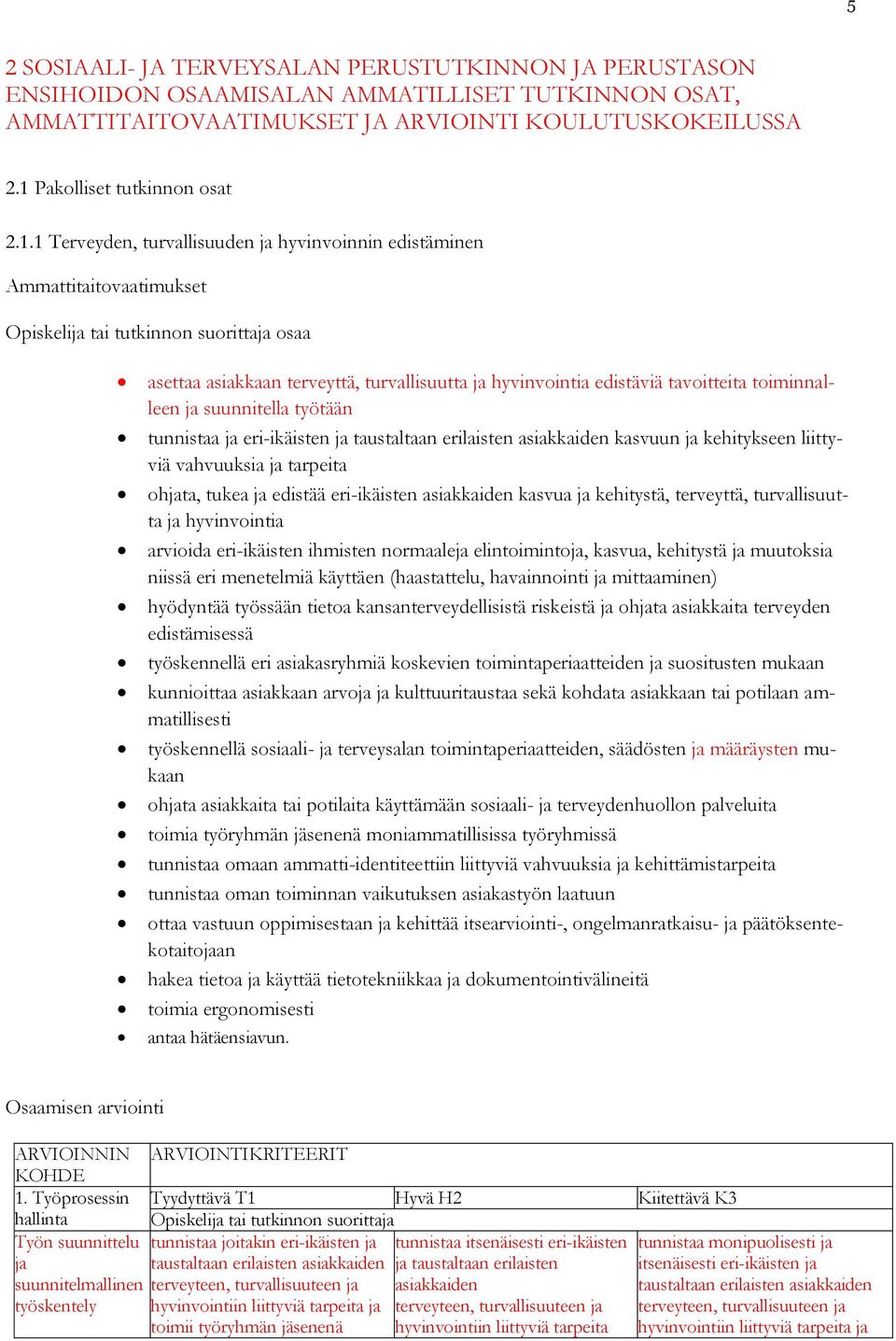 1 Terveyden, turvallisuuden ja hyvinvoinnin edistäminen Ammattitaitovaatimukset tai tutkinnon suorittaja osaa asettaa asiakkaan terveyttä, turvallisuutta ja hyvinvointia edistäviä tavoitteita