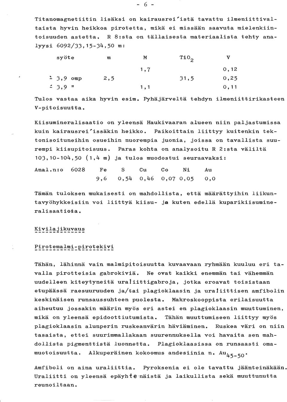 Pyhajarvelta tehdyn ilmeniittirikasteen V-pitoisuutta. Kiisumineralisaatio on yleensa Haukivaaran alueen niin paljastumissa kuin kairausrei'issakin heikko.