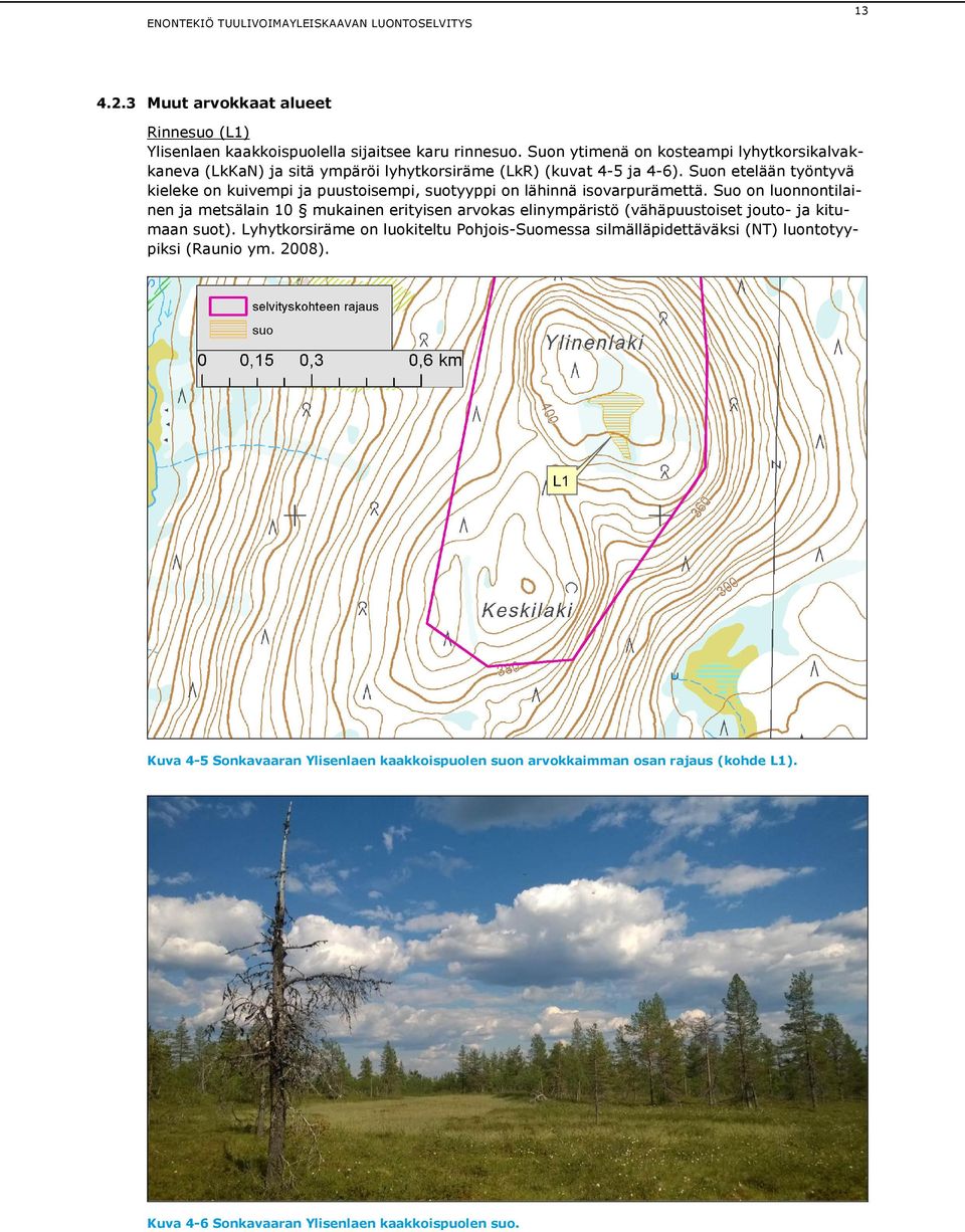 Suon etelään työntyvä kieleke on kuivempi ja puustoisempi, suotyyppi on lähinnä isovarpurämettä.