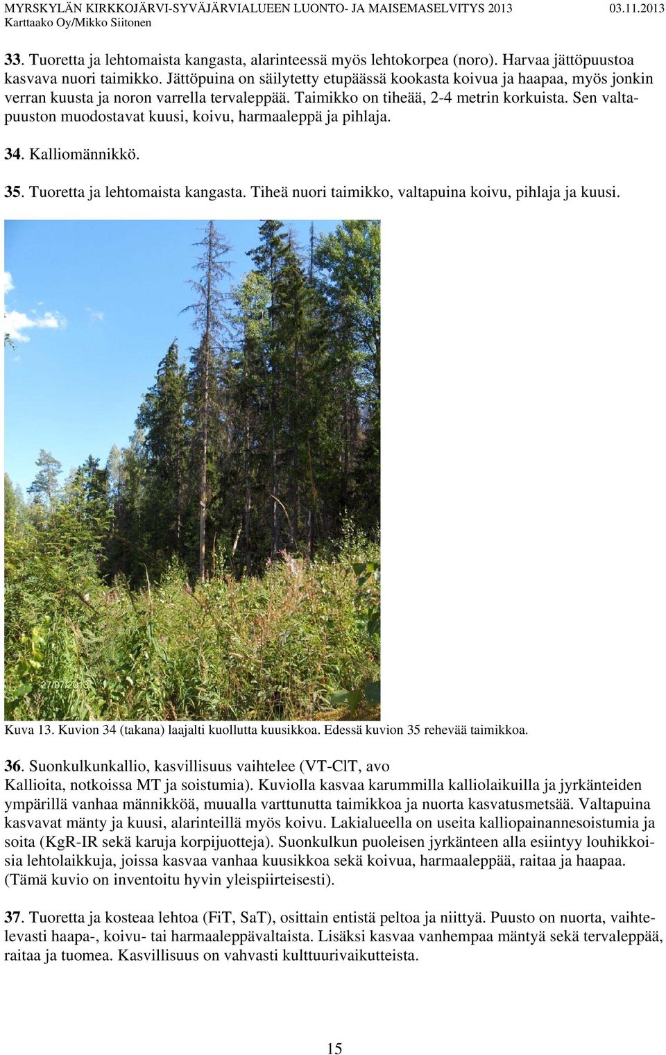 Sen valtapuuston muodostavat kuusi, koivu, harmaaleppä ja pihlaja. 34. Kalliomännikkö. 35. Tuoretta ja lehtomaista kangasta. Tiheä nuori taimikko, valtapuina koivu, pihlaja ja kuusi. Kuva 13.