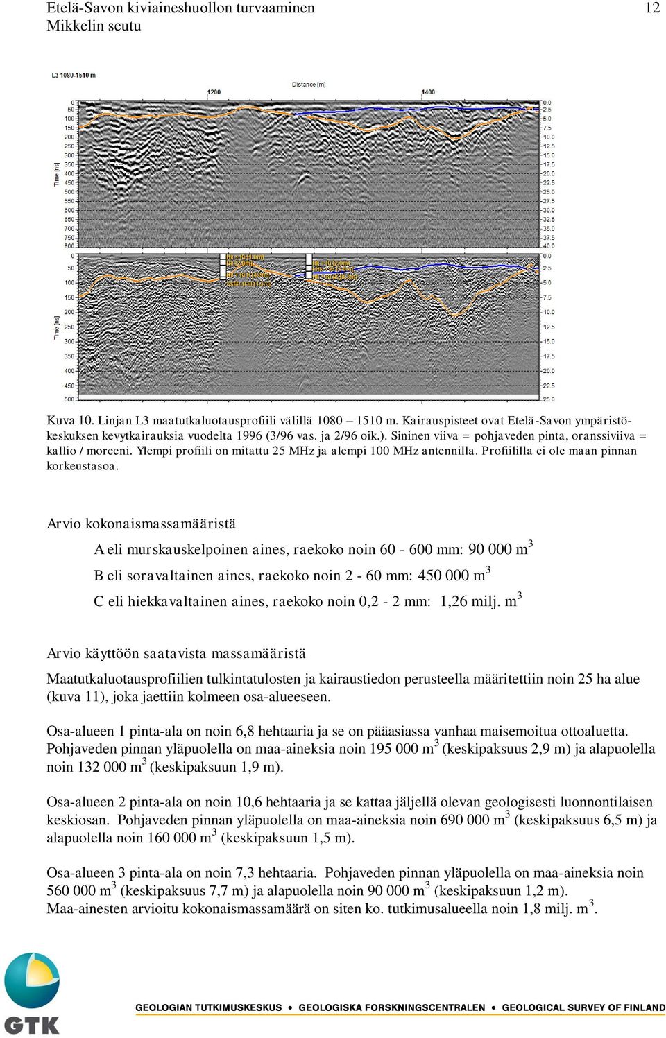 Arvio kokonaismassamääristä A eli murskauskelpoinen aines, raekoko noin 60-600 mm: 90 000 m 3 B eli soravaltainen aines, raekoko noin 2-60 mm: 450 000 m 3 C eli hiekkavaltainen aines, raekoko noin