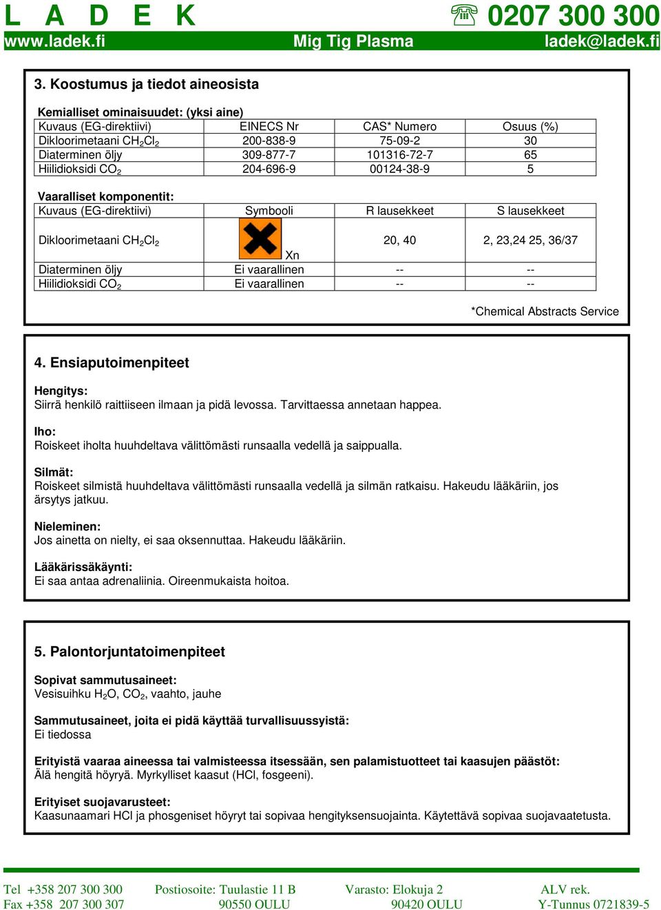 36/37 Xn Diaterminen öljy Ei vaarallinen -- -- Hiilidioksidi CO 2 Ei vaarallinen -- -- *Chemical Abstracts Service 4. Ensiaputoimenpiteet Hengitys: Siirrä henkilö raittiiseen ilmaan ja pidä levossa.